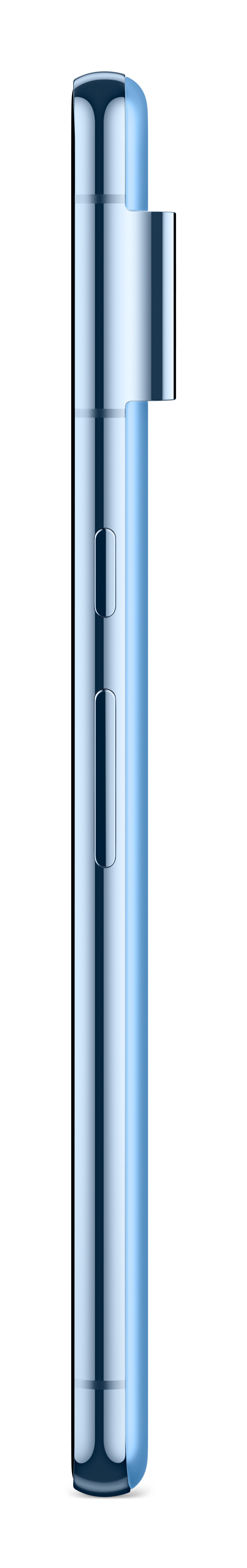 Vista laterale di uno smartphone azzurro con pulsanti argentati.