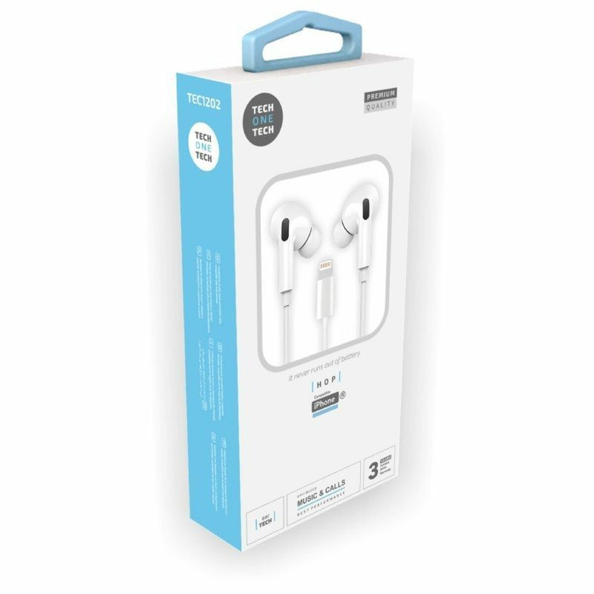 Scatola per auricolari bianchi con connettore Lightning, compatibile iPhone.