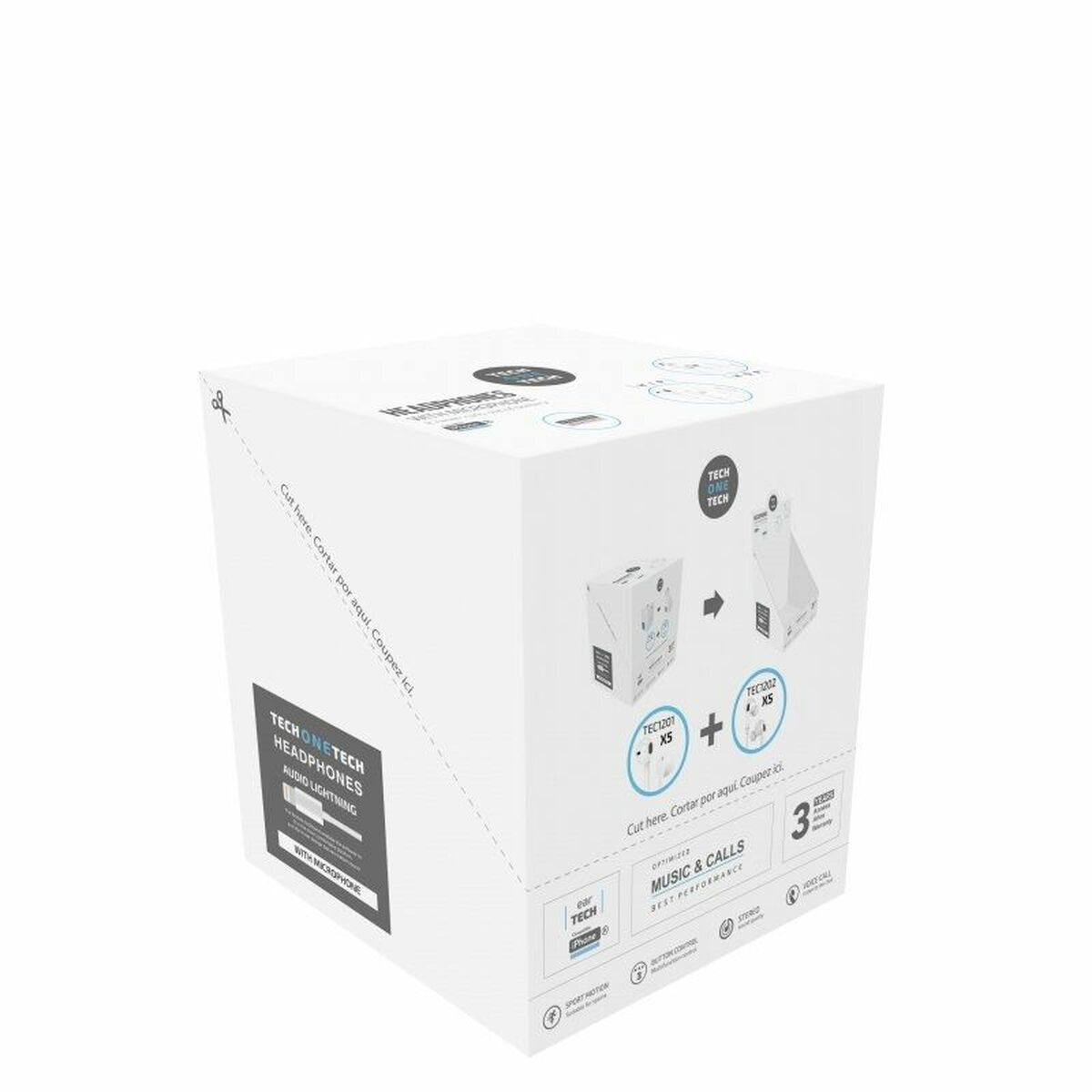 Scatola bianca per cuffie TechOneTech, mostra immagini del prodotto e marchio.