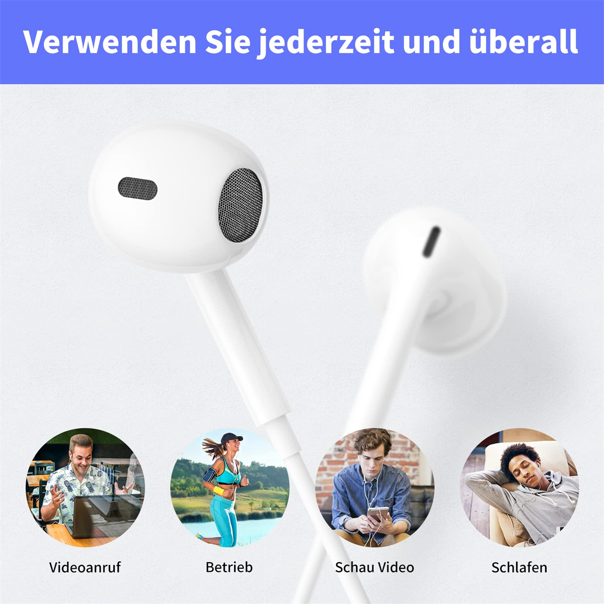 Weiße Ohrhörer mit Icons für Videoanruf, Laufen, Video und Schlafen.