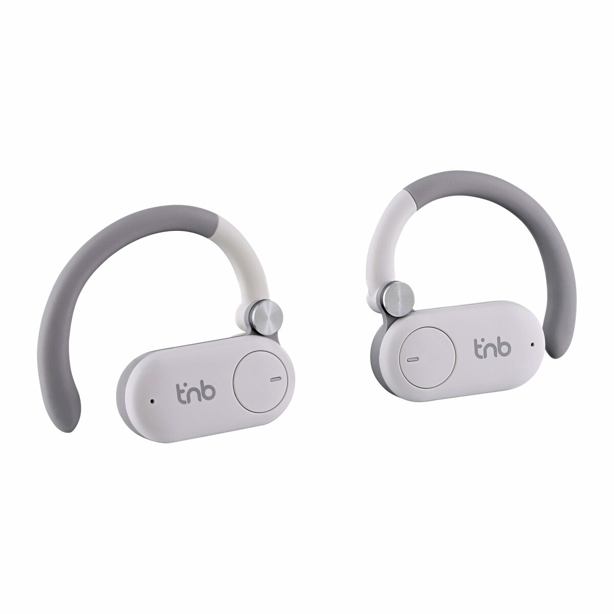 Due auricolari wireless bianchi e grigi con ganci per l'orecchio, uno accanto all'altro.