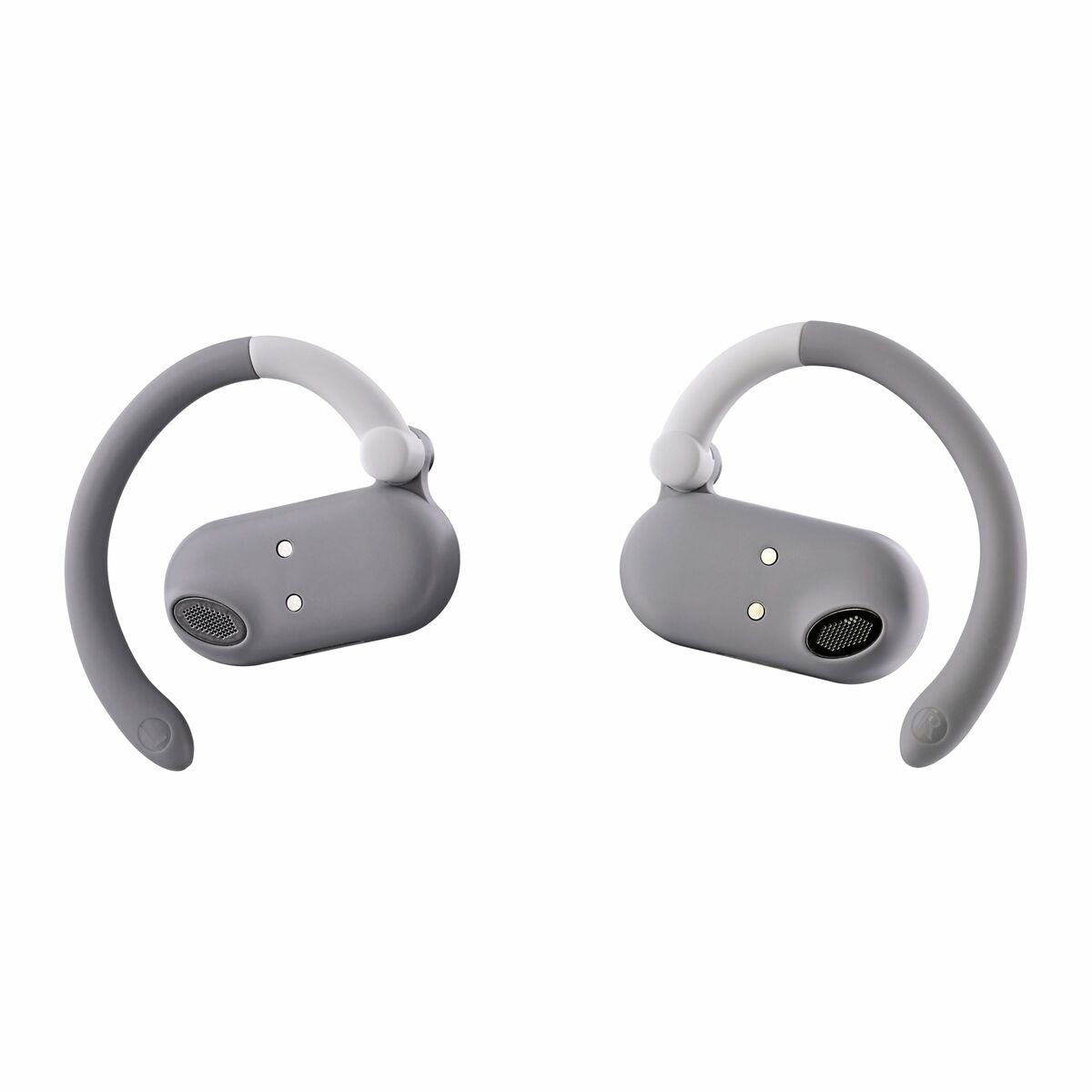 Due auricolari wireless grigi con archetti bianchi su sfondo bianco.