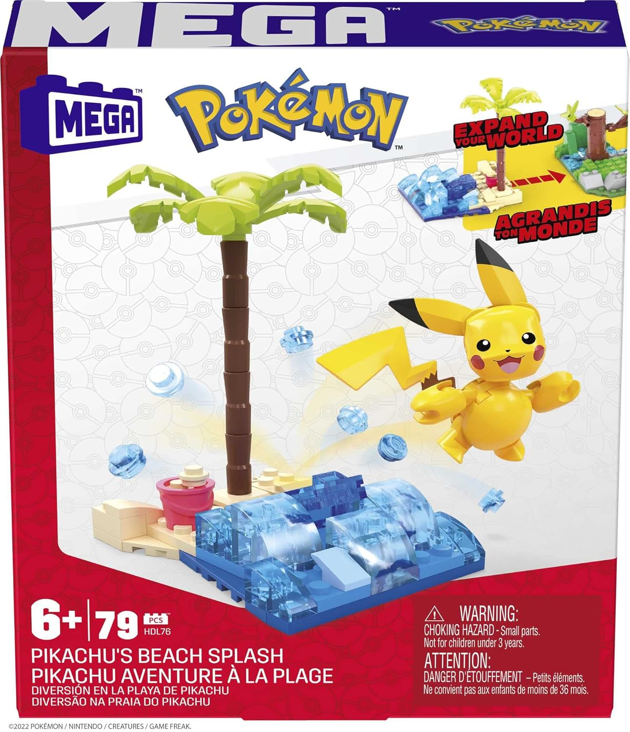 Pikachu-Bauset mit Strand-Thema, Palmenbaum und blauen Wasserteilen.