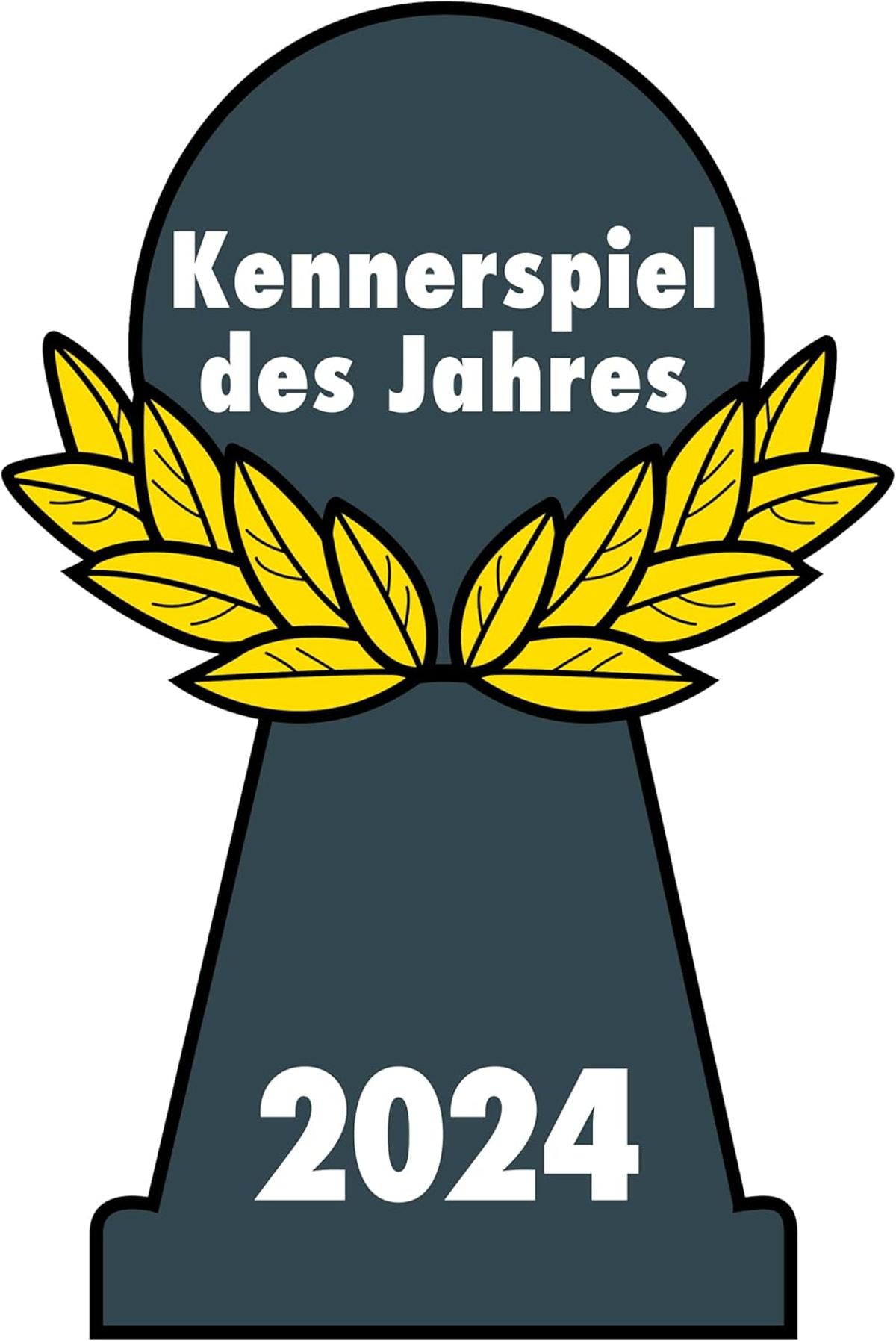 Sceau gris foncé avec texte blanc "Kennerspiel des Jahres 2024" et laurier.