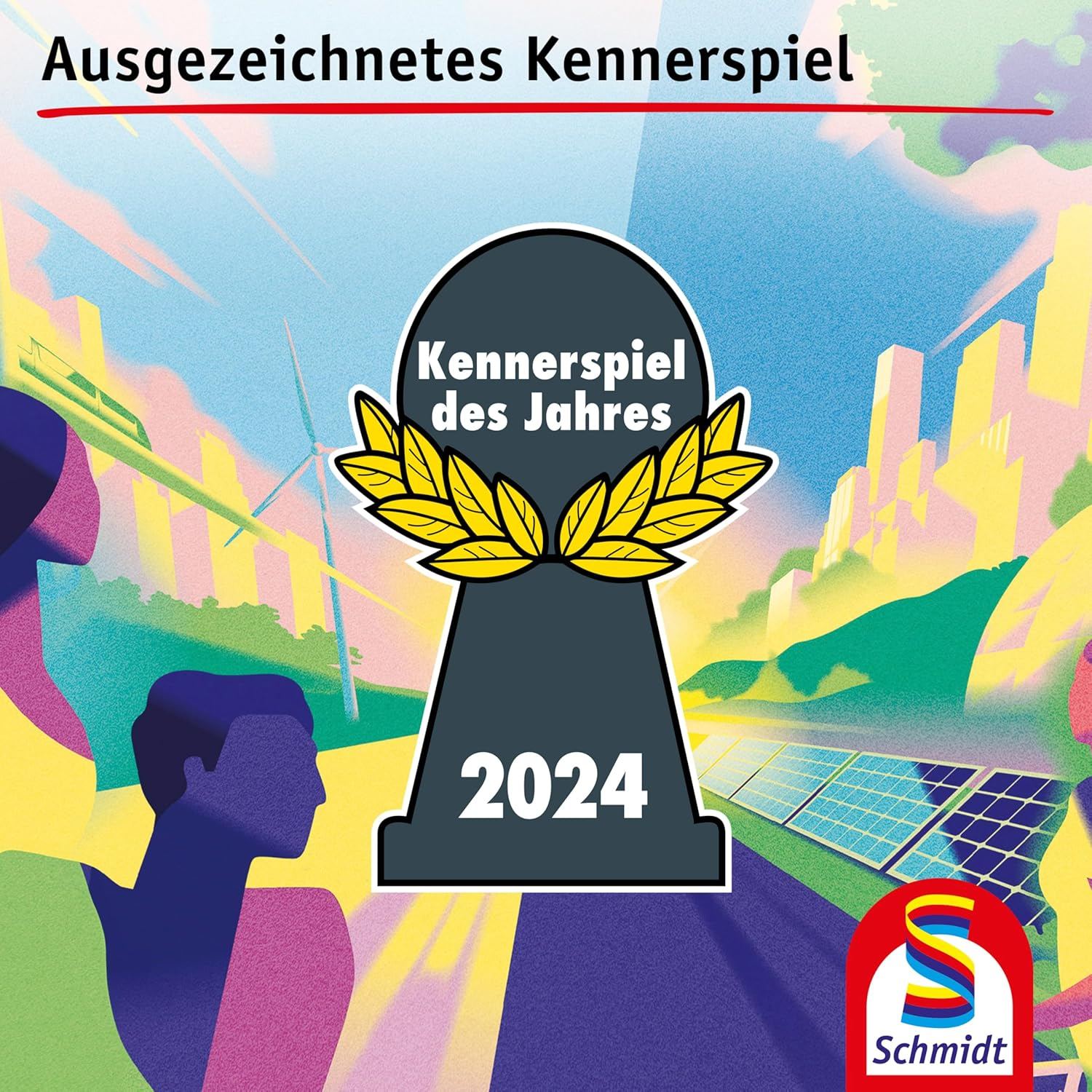 Lauréat 'Jeu de l'année 2024' avec panneaux solaires, éolienne et horizon urbain.