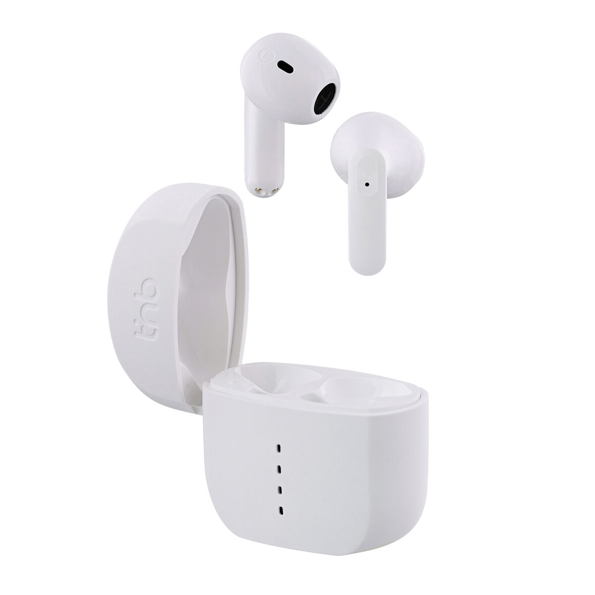 Auricolari wireless bianchi con custodia di ricarica su sfondo bianco.