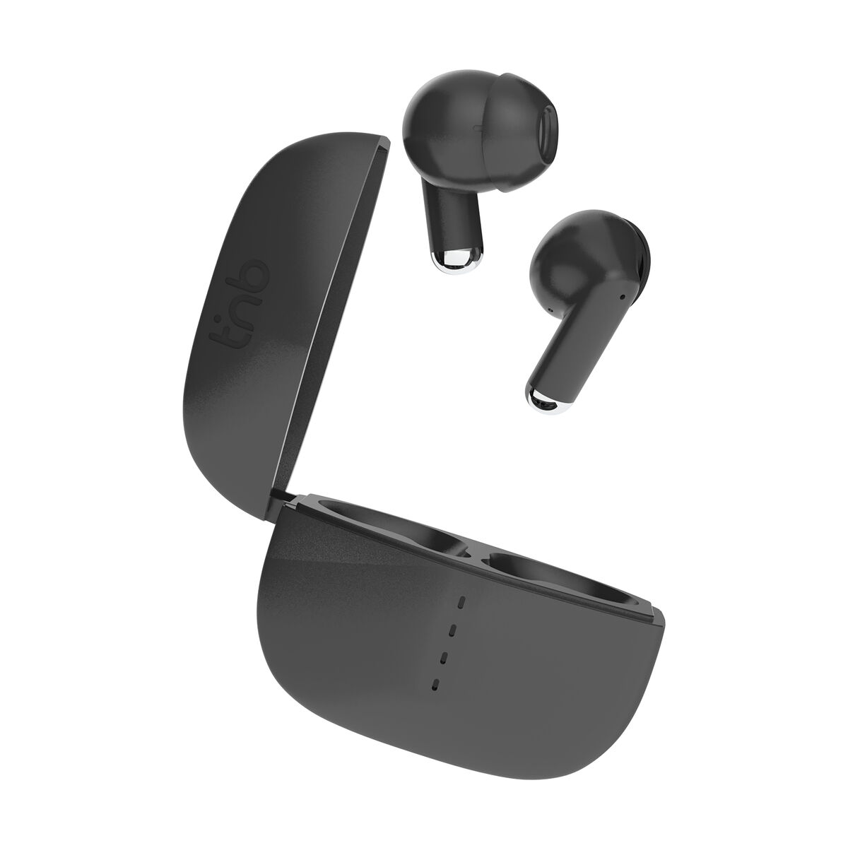 Auricolari wireless neri fluttuano sopra una custodia di ricarica aperta.
