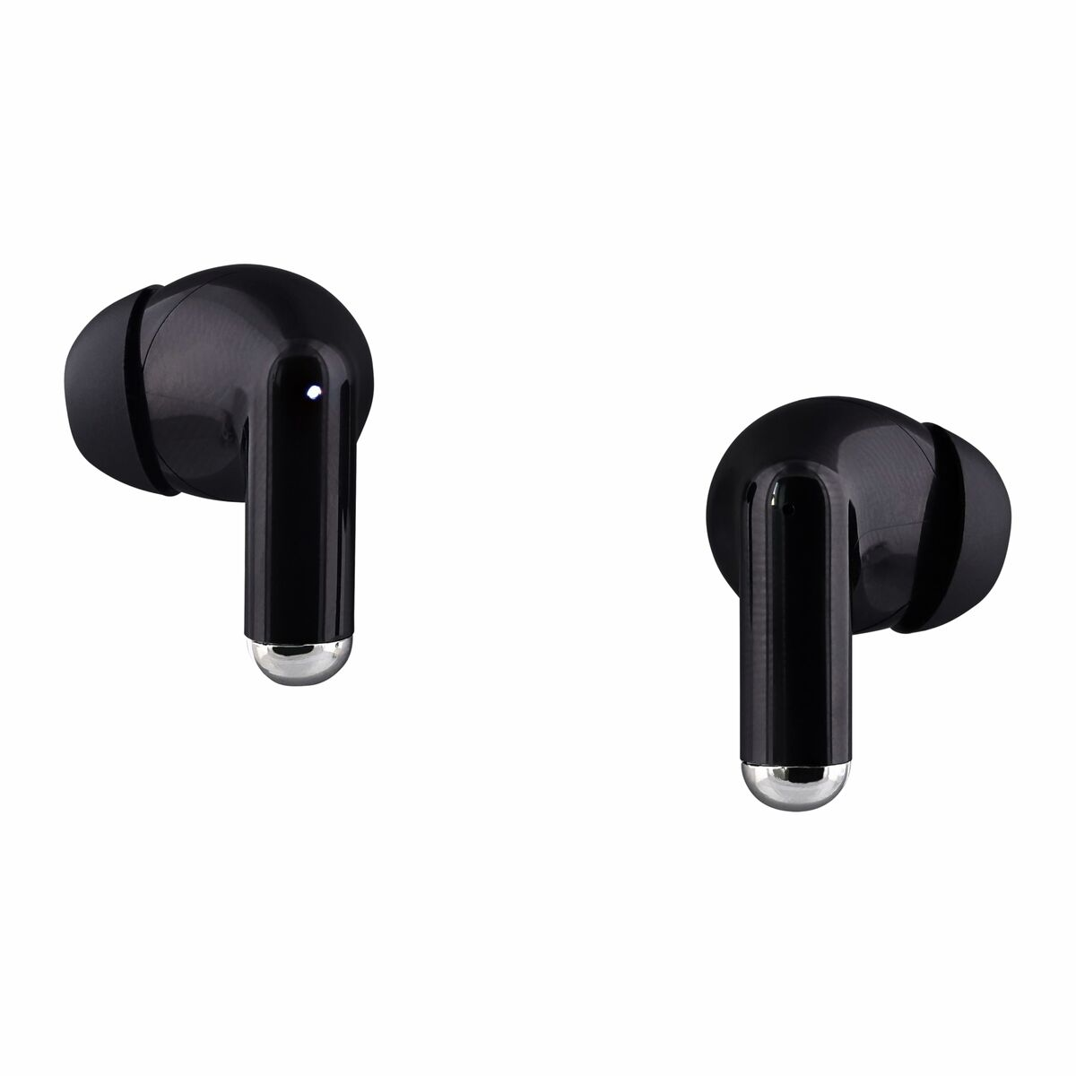 Due auricolari wireless neri con punte argentate, su sfondo bianco.