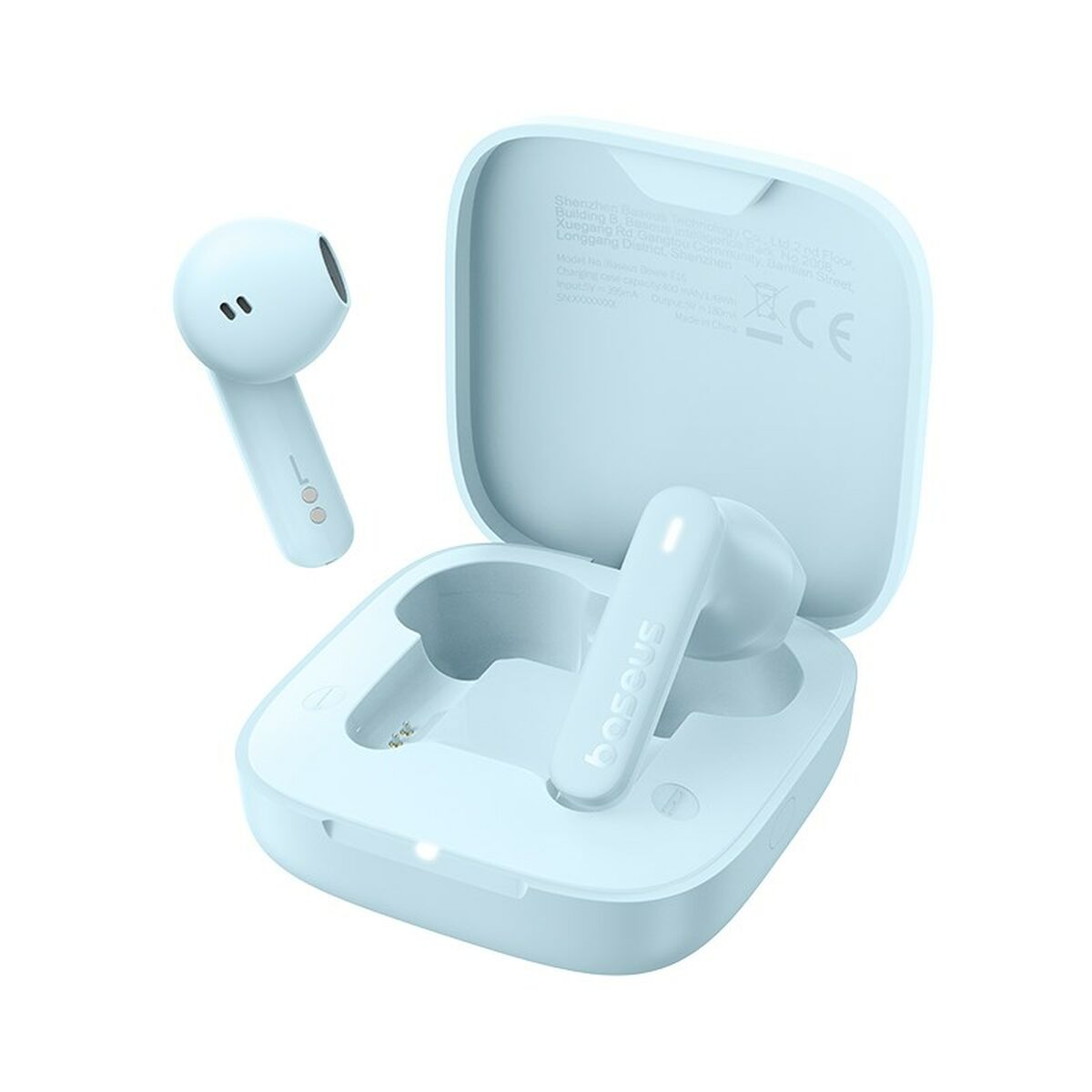 Auricolari wireless azzurri, uno nella custodia, uno accanto.