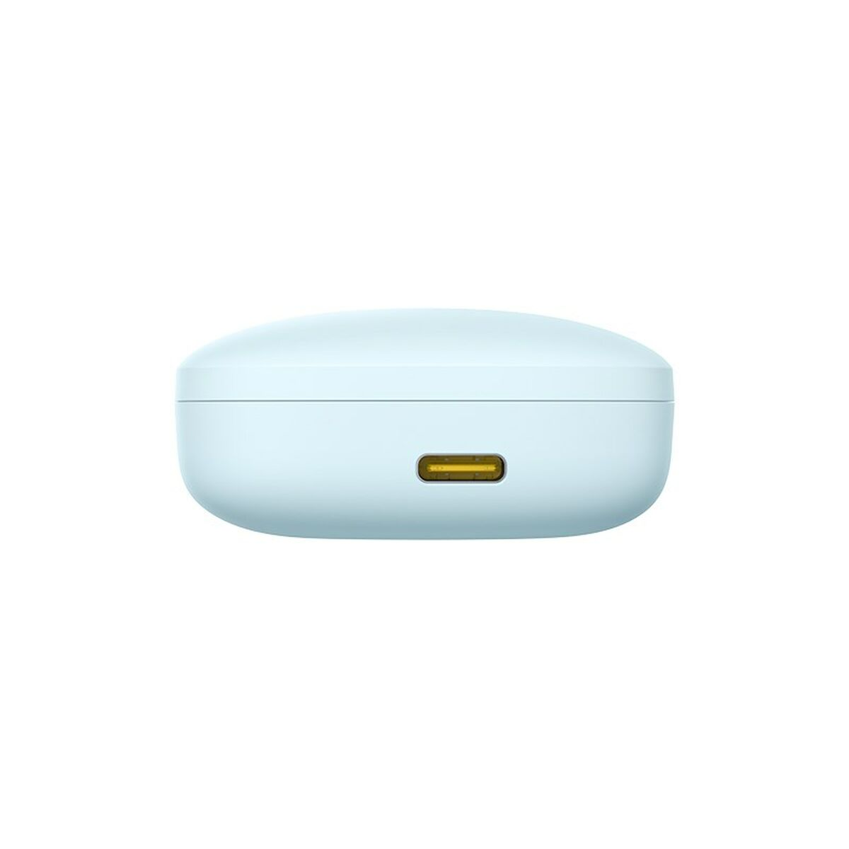 Custodia di ricarica azzurra per auricolari con porta di ricarica gialla.