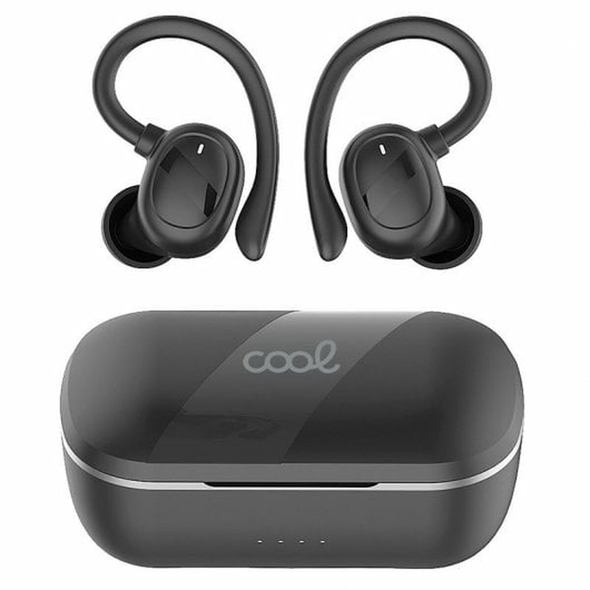 Auricolari wireless neri con custodia di ricarica, marca 'cool'.