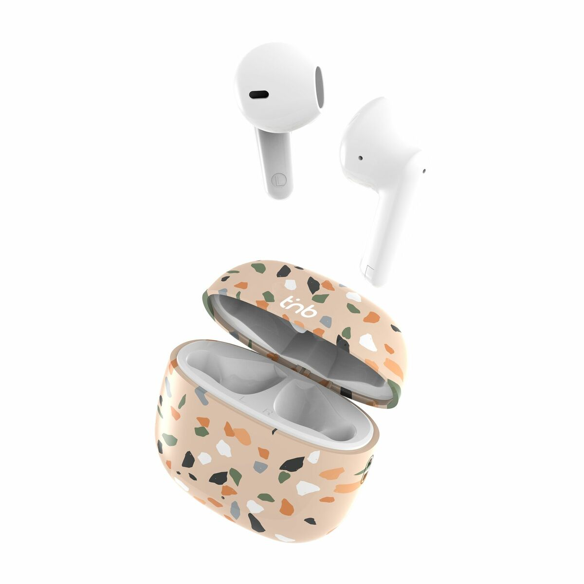 Auricolari bianchi e custodia aperta con motivo terrazzo su sfondo bianco.