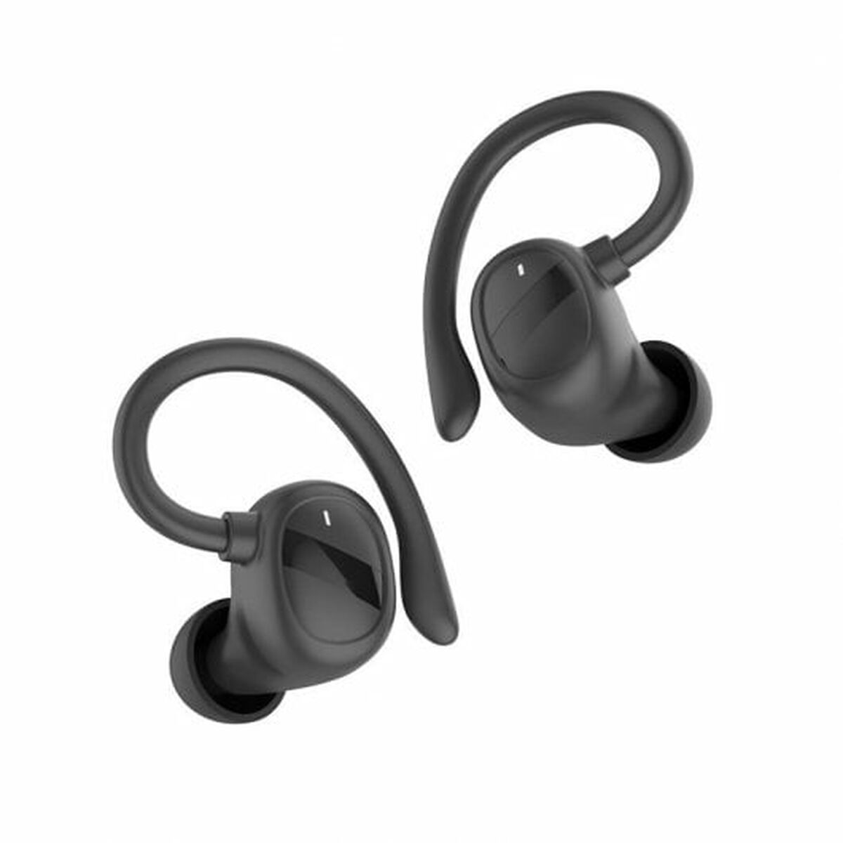 Due auricolari wireless neri con ganci per l'orecchio, su sfondo bianco.