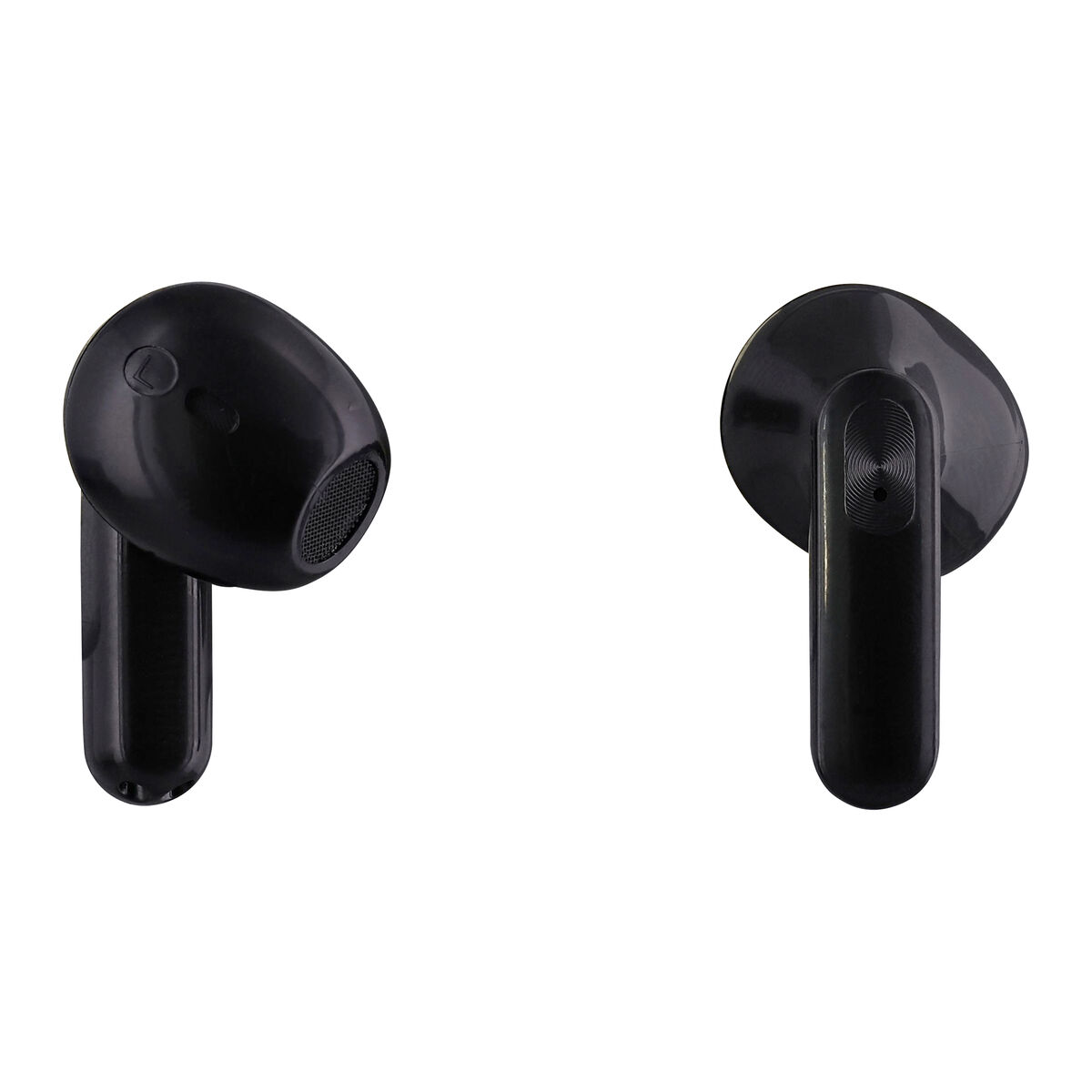 Due auricolari wireless neri, sinistro e destro, su sfondo bianco.