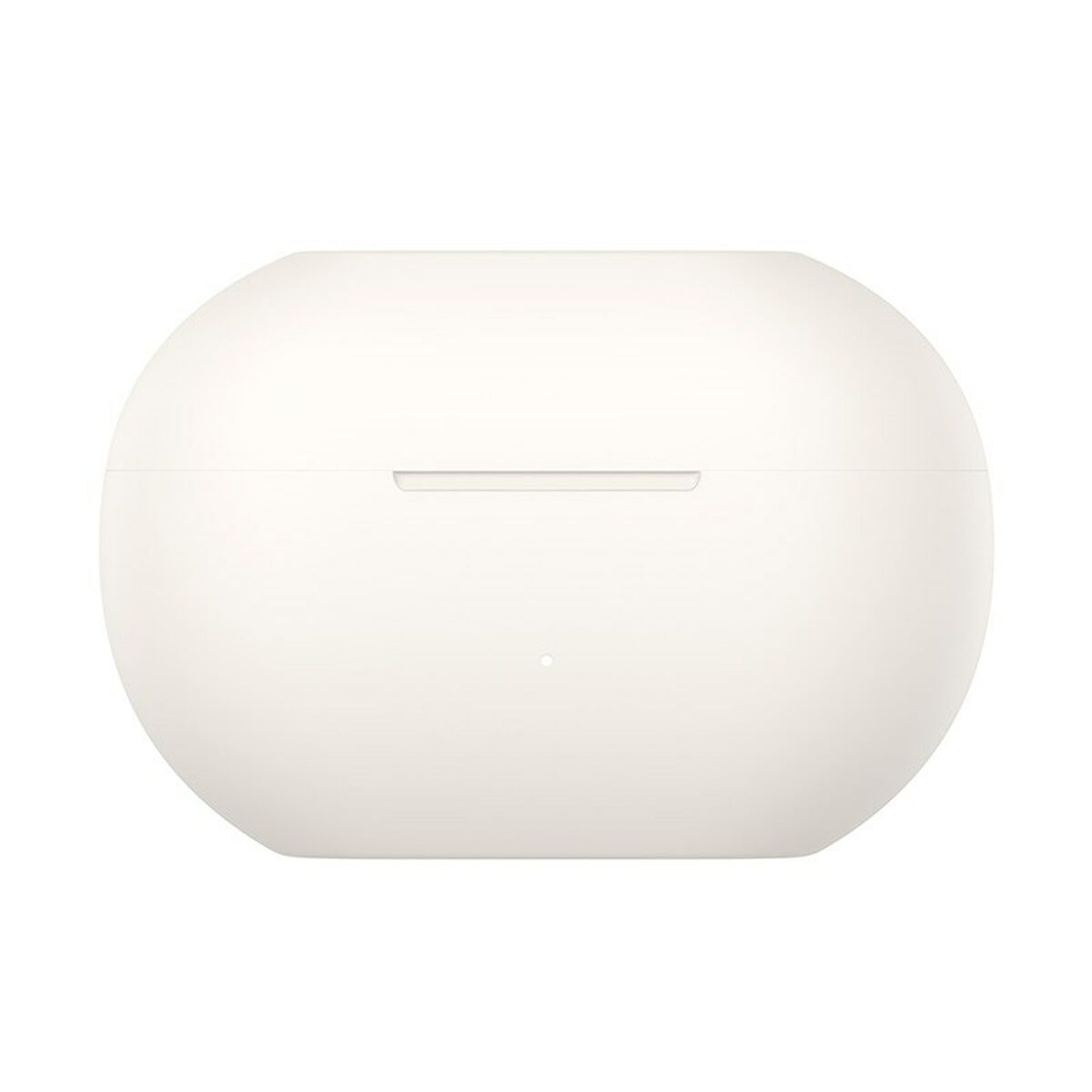 Zamknięte białe etui ładujące do słuchawek z wąskim otworem i kropką.
