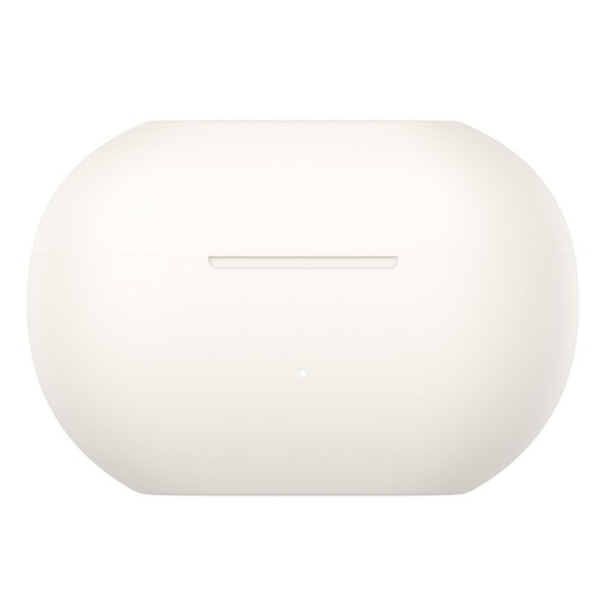 Zamknięte, białe etui ładujące do bezprzewodowych słuchawek z wąskim otworem.