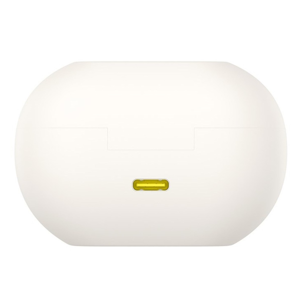 Zamknięte białe etui ładujące z żółtym portem USB-C z przodu.