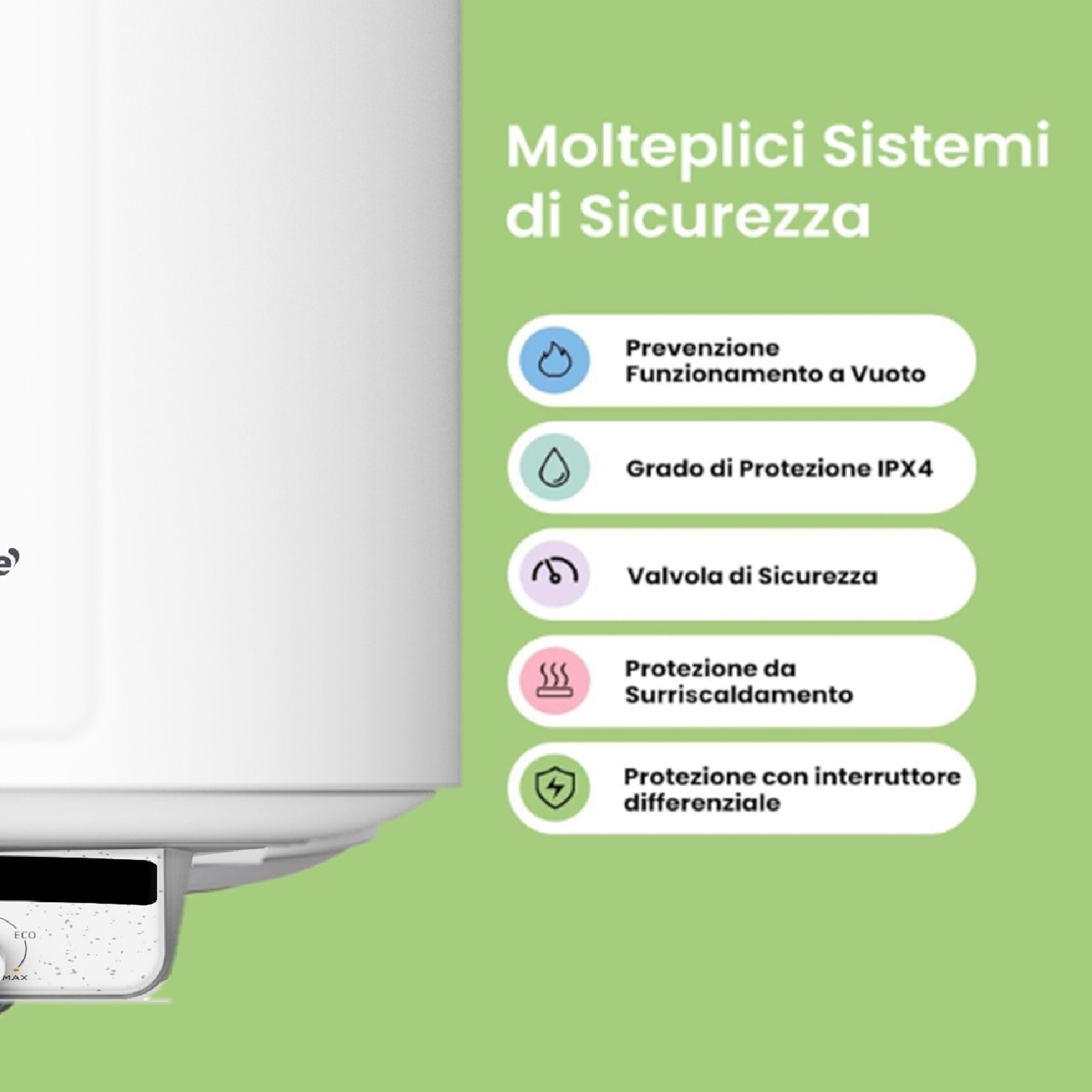 Scaldabagno bianco con icone per sistemi di sicurezza: funzionamento a vuoto, IPX4, protezione.