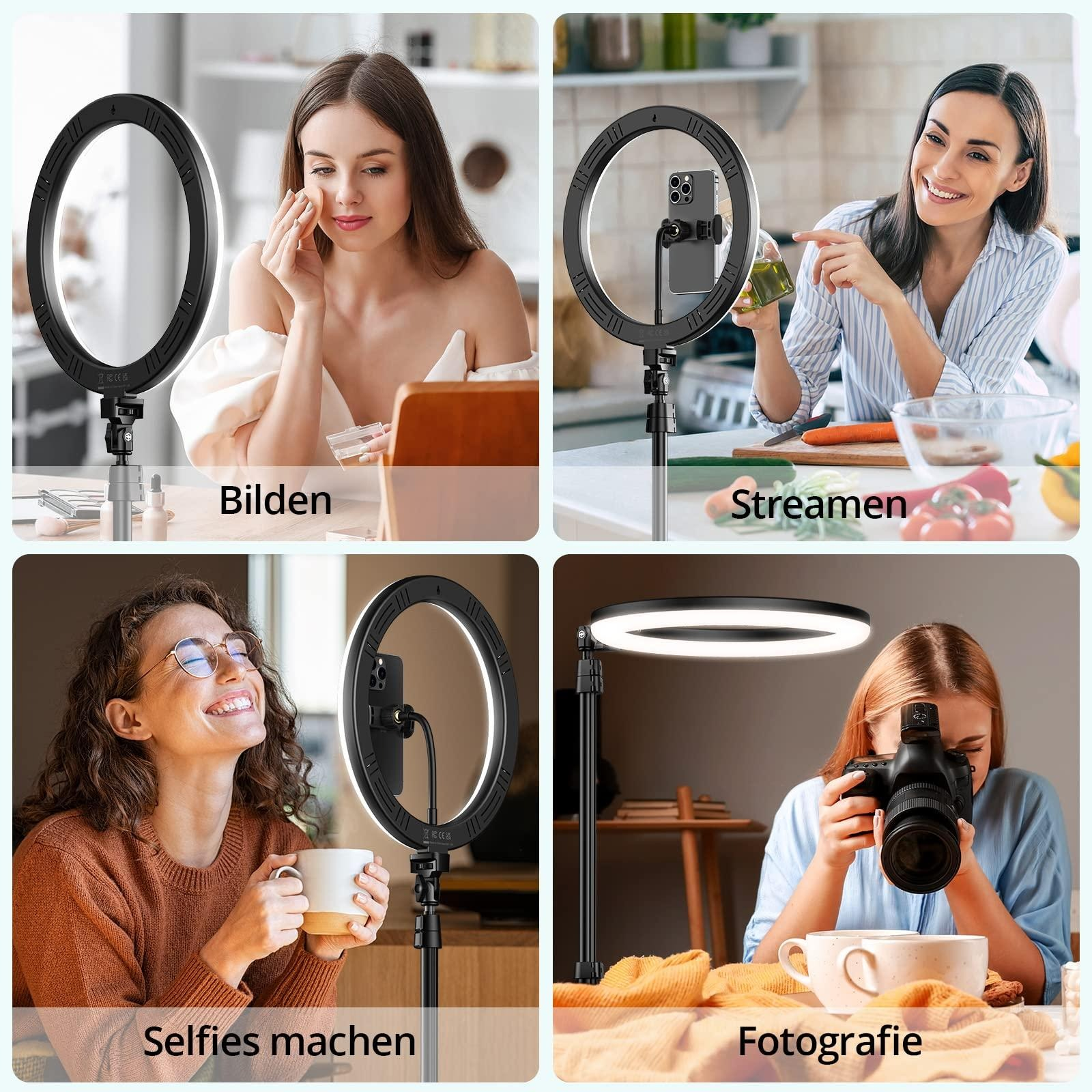 Vier Szenen zeigen eine Ringlicht-Setup für verschiedene Zwecke.