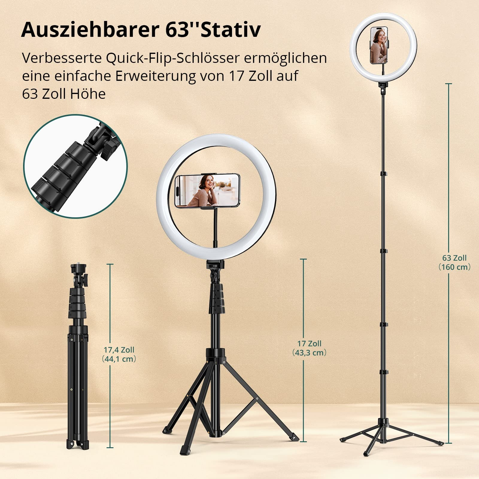 Ein ausziehbarer Stativ mit Ringlicht, Maße von 17 bis 63 Zoll.