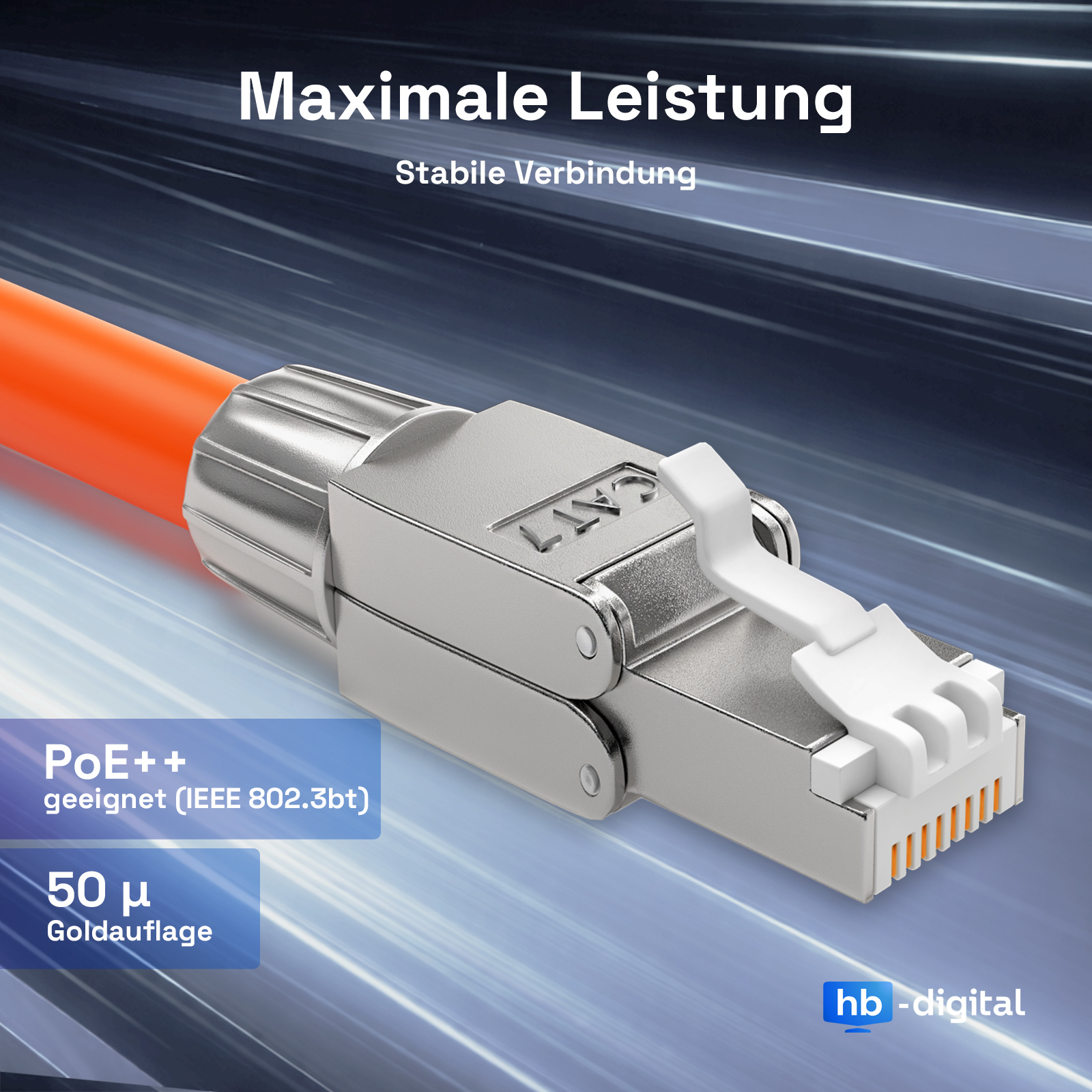 Ein orangefarbenes Netzwerkkabel mit silbernem Stecker, CAT7, PoE++.