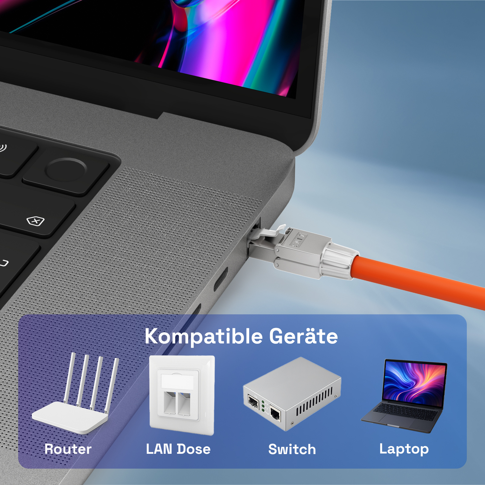 Ein orangefarbenes Netzwerkkabel wird in einen Laptop gesteckt. Unten sind Router, LAN-Dose, Switch und Laptop.