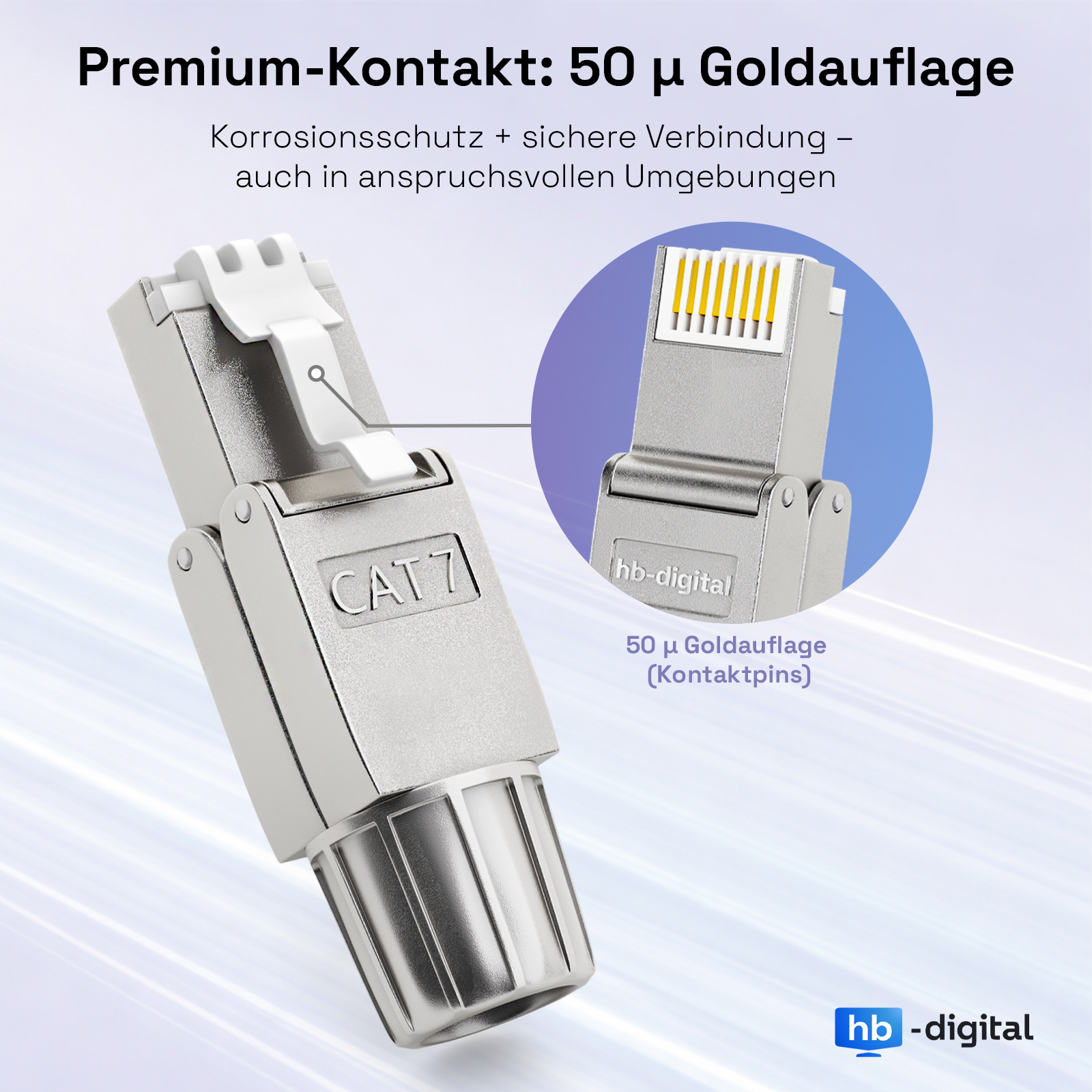 Ein CAT 7 Netzwerkstecker mit Goldkontakten, detailreich dargestellt.