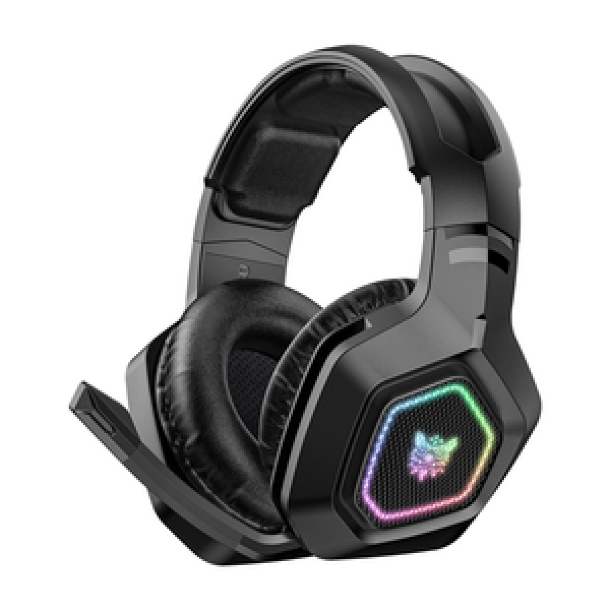 Schwarzer Gaming-Kopfhörer mit Mikrofon und RGB-Beleuchtung auf den Ohrmuscheln.