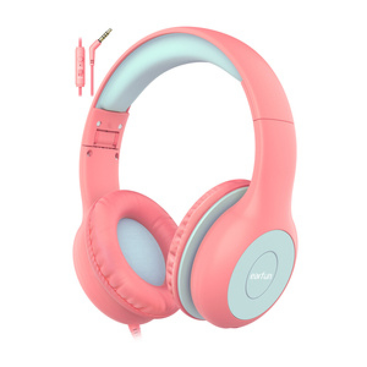 Cuffie rosa con accenti azzurri e cavo.
