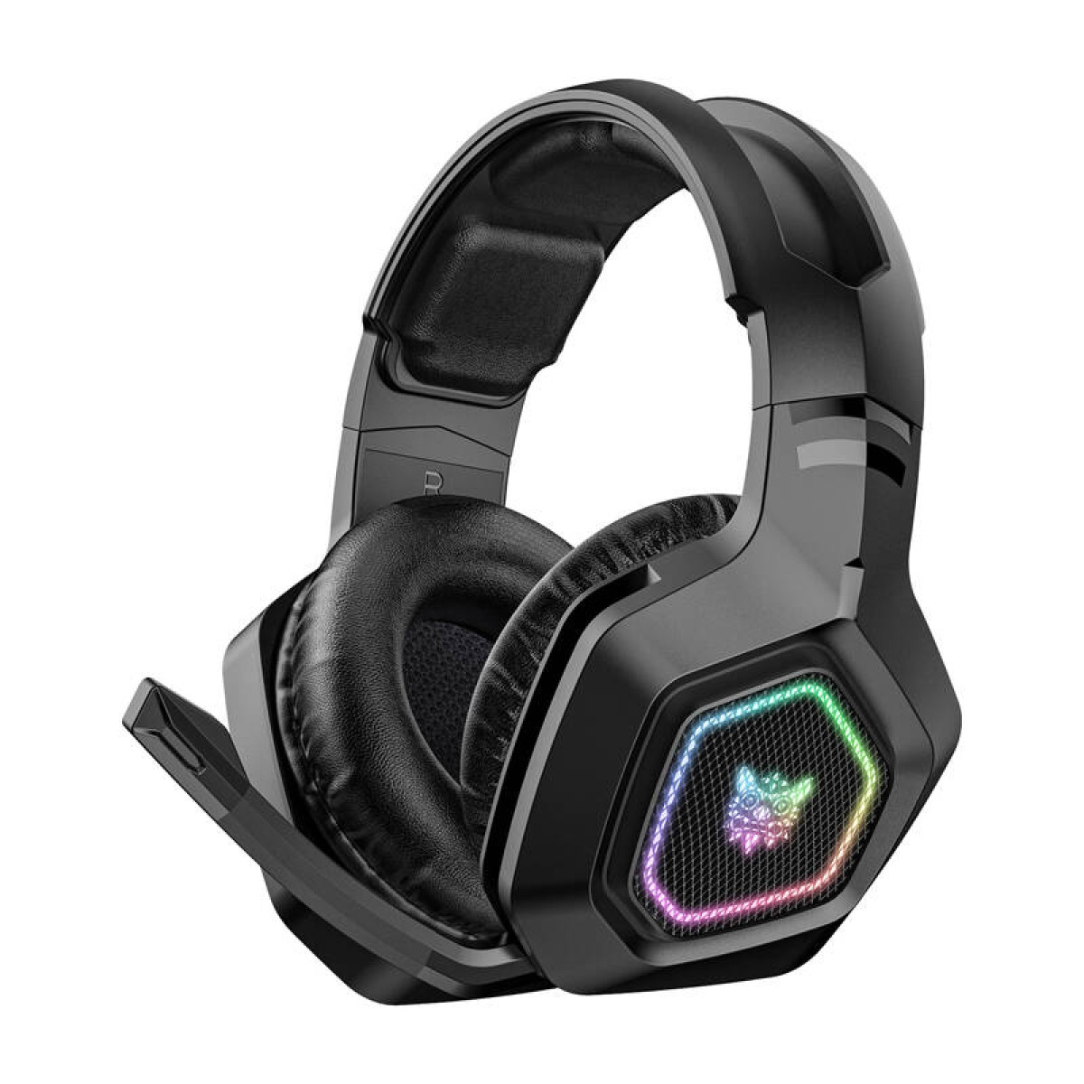Schwarzer Gaming-Kopfhörer mit Mikrofon und RGB-Beleuchtung.