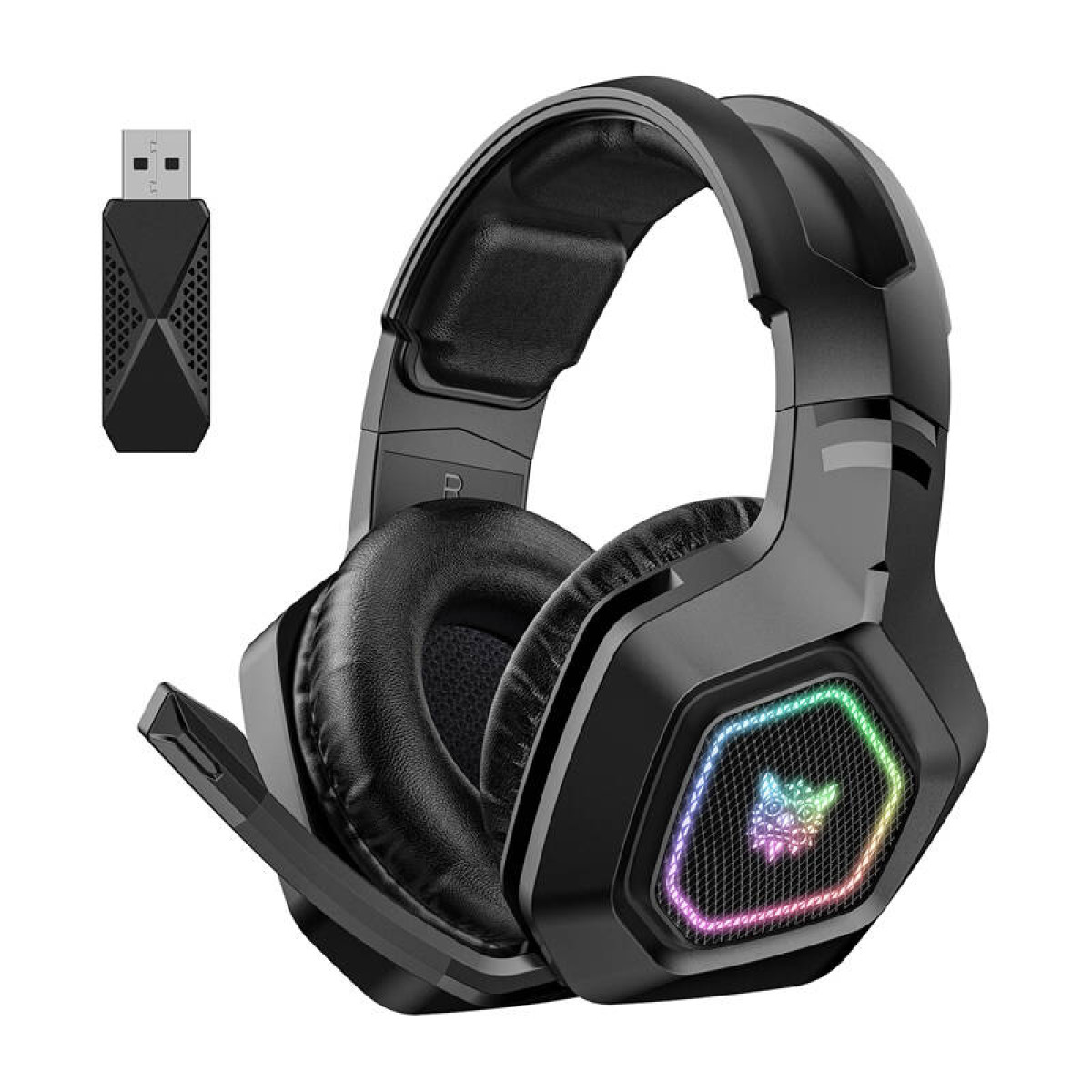 Schwarze Gaming-Kopfhörer mit Mikrofon und USB-Dongle, beleuchtet.