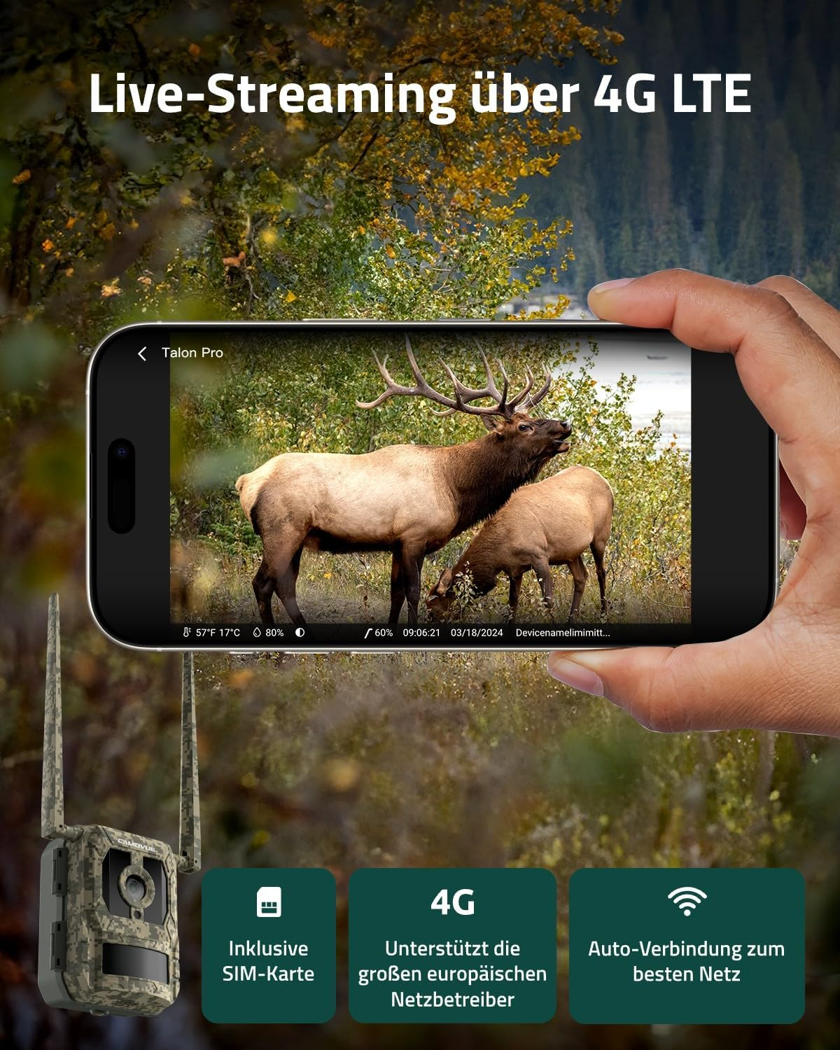 Handy zeigt Elche; Kamera unten hat 4G LTE & SIM-Karten-Icons.