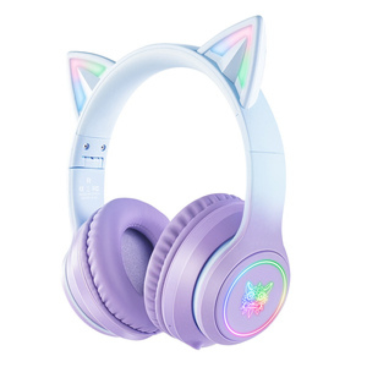 Cuffie viola con orecchie da gatto e accenti arcobaleno luminosi.