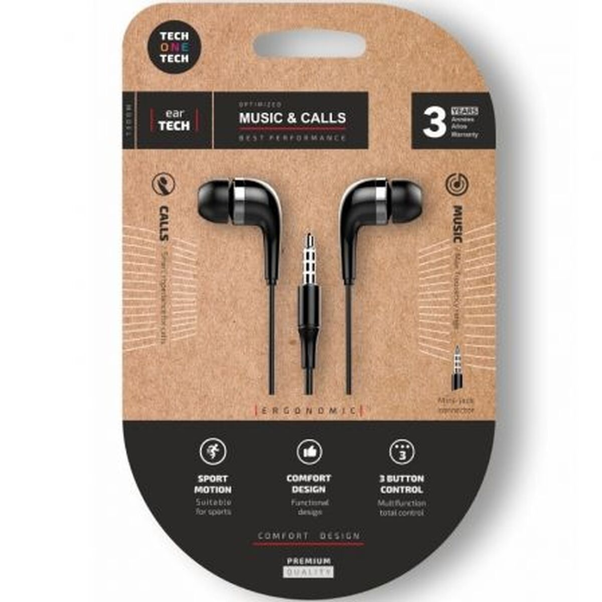 Verpackung mit schwarzen Kopfhörern, mit Mikrofon und 3,5-mm-Klinkenstecker.