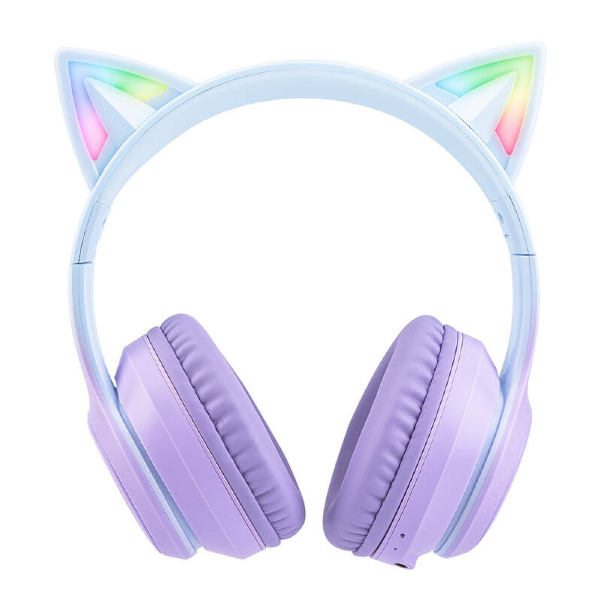 Cuffie azzurro chiaro con orecchie da gatto luminose multicolore.