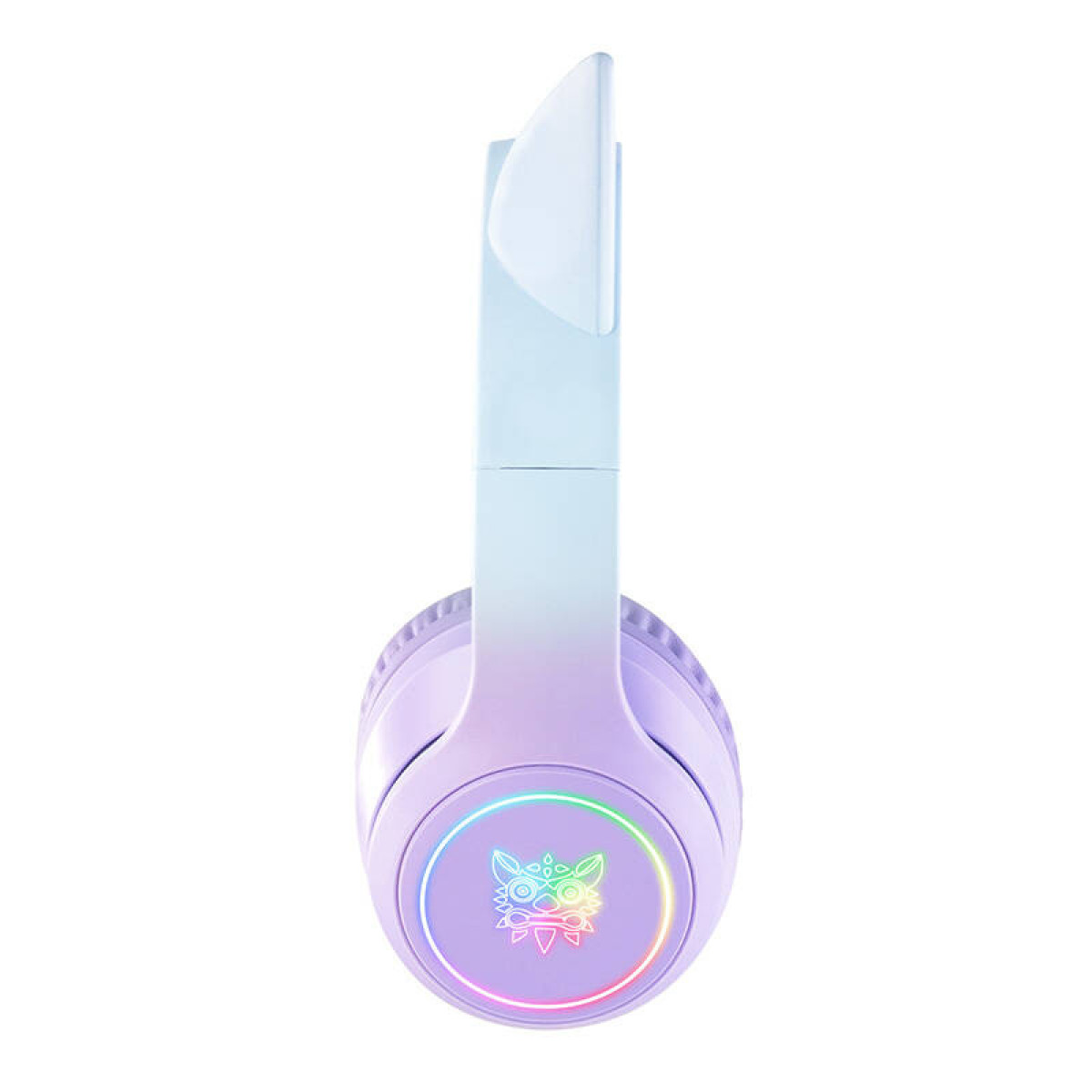 Cuffie viola con logo LED colorato su sfondo bianco.