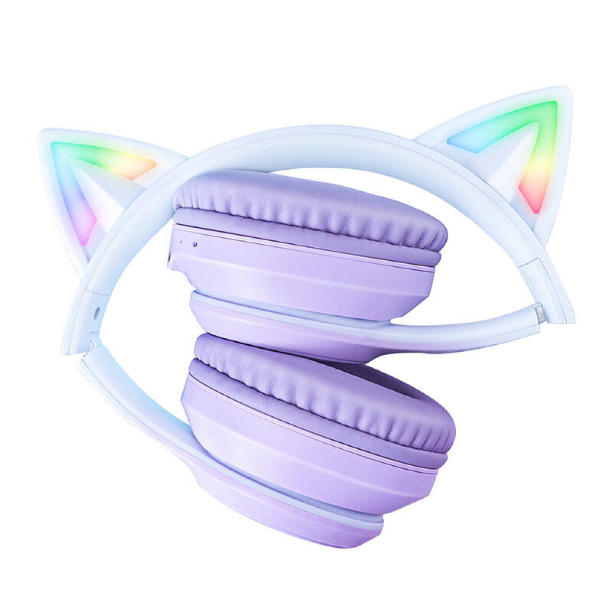 Cuffie bianche con padiglioni viola e orecchie da gatto luminose.