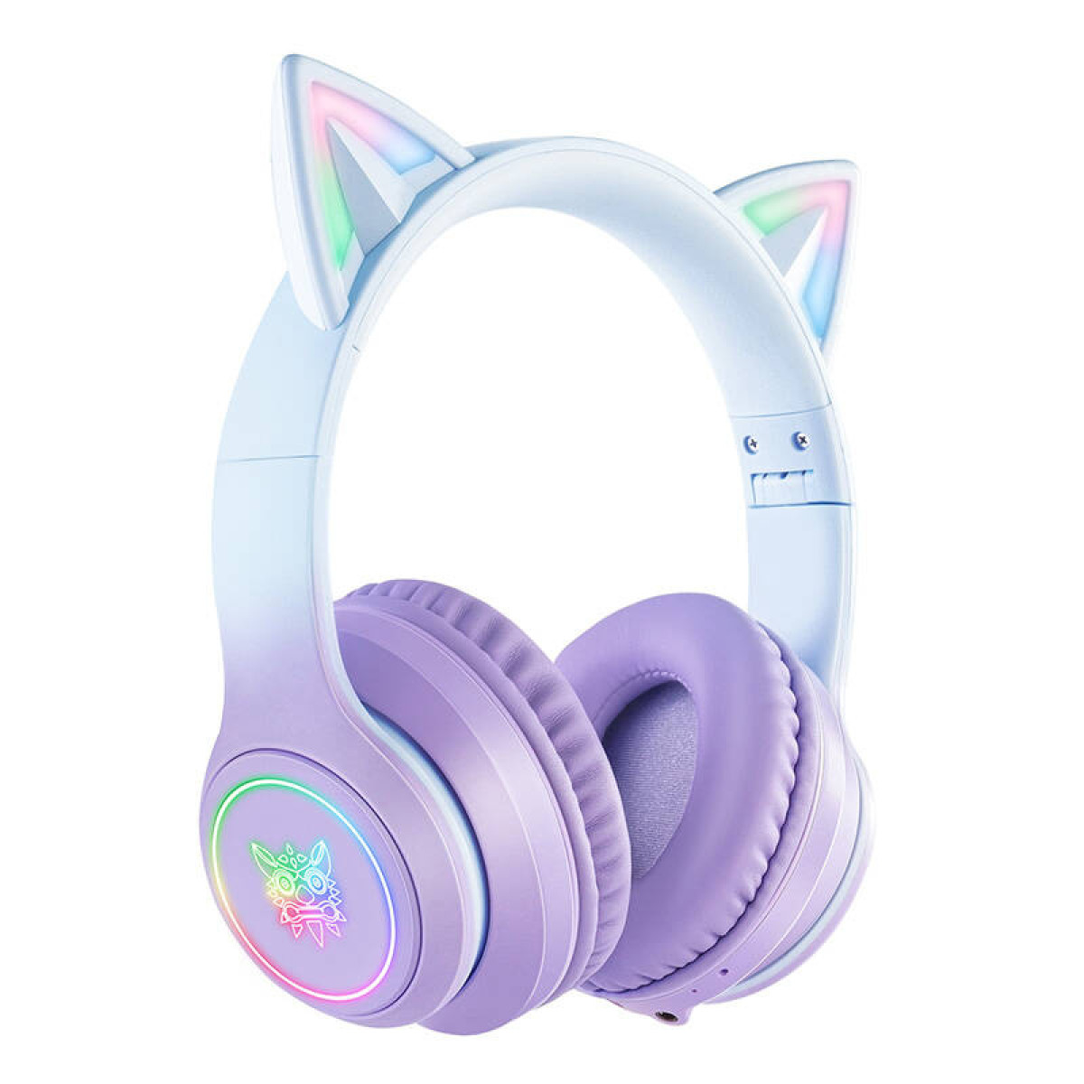 Cuffie azzurre con orecchie da gatto, padiglioni viola e logo colorato.
