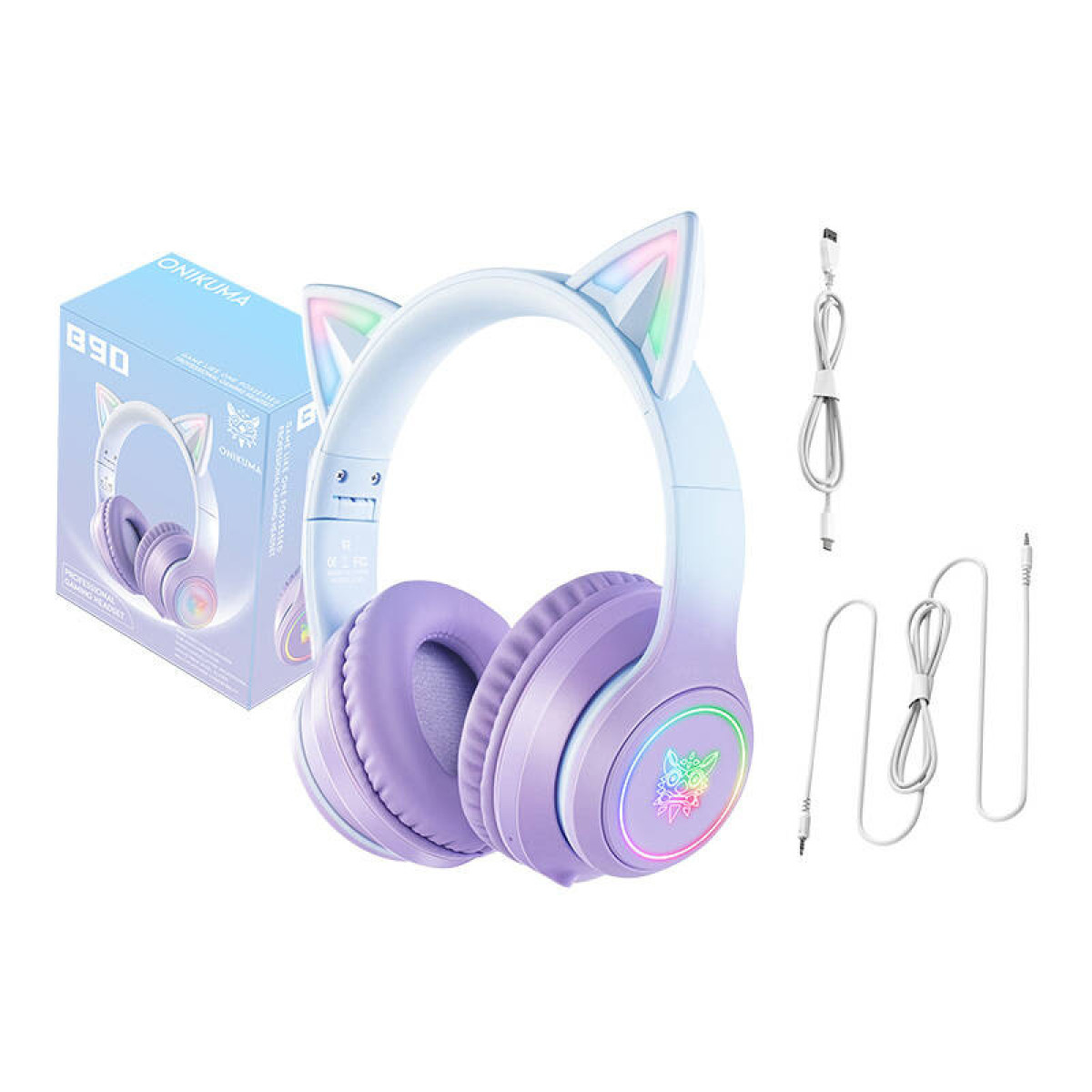 Cuffie viola con orecchie da gatto e luce RGB, accanto a scatola e cavi.