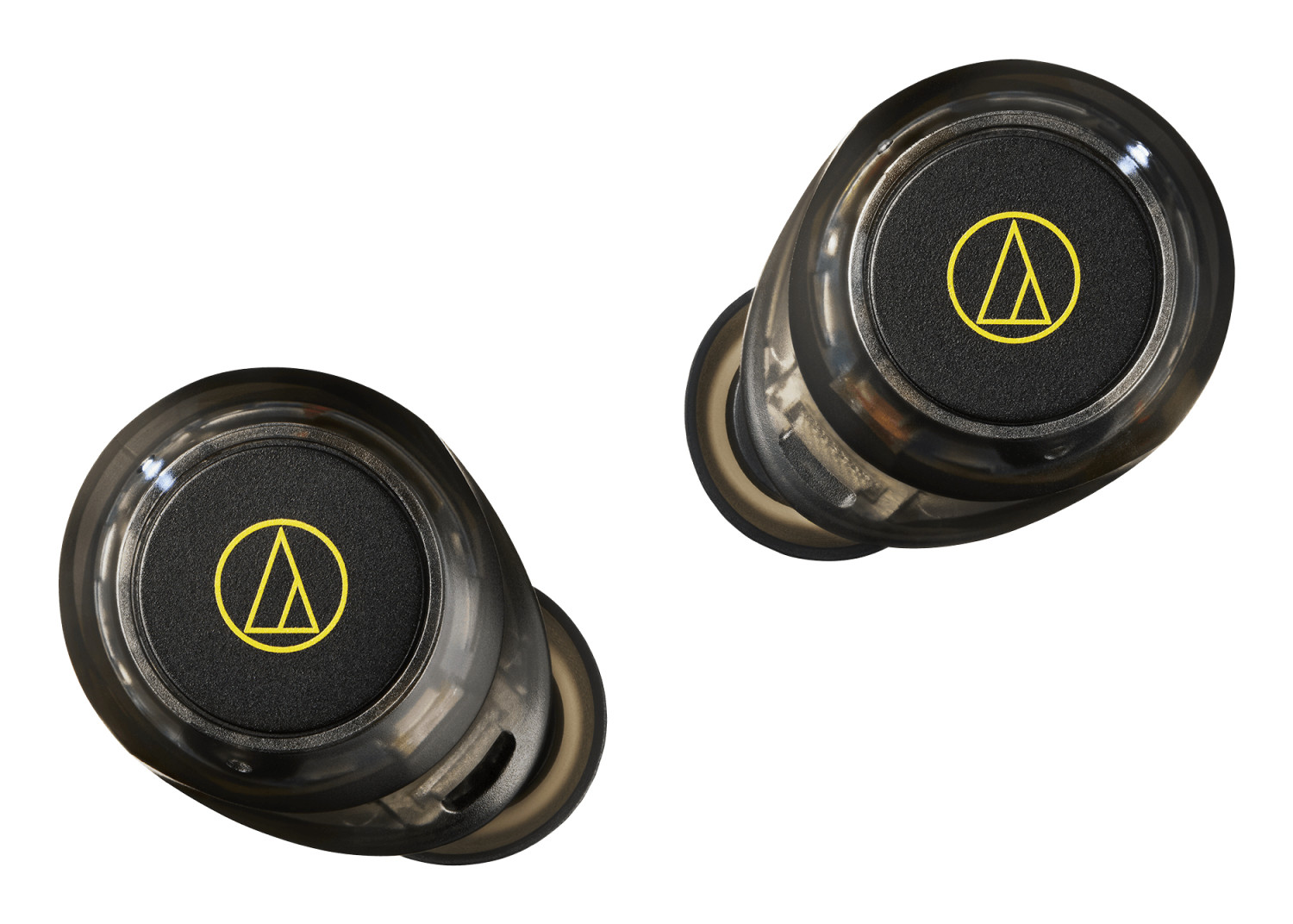 Due auricolari neri con logo giallo su sfondo bianco.