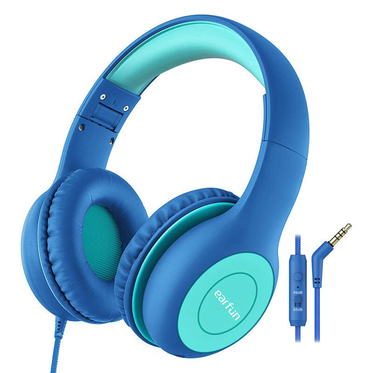 Cuffie blu con accenti turchesi e cavo.