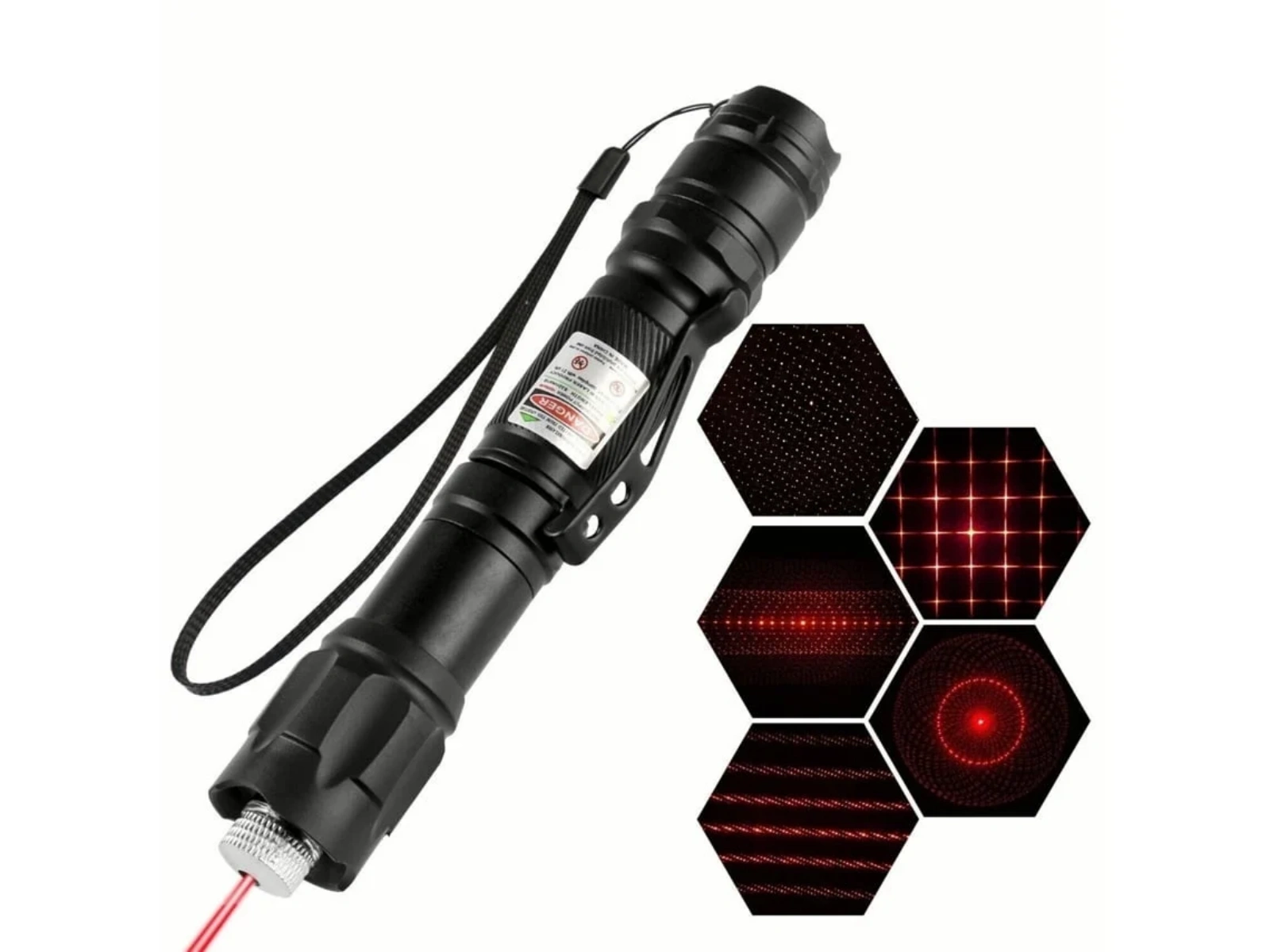 Schwarzer Laserpointer mit rotem Strahl und verschiedenen Laser-Mustern in Sechsecken.