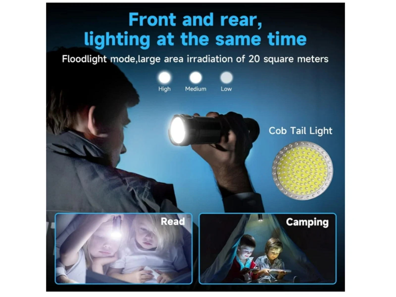 Taschenlampe mit hellem Licht, zwei Kinder lesen unter einer Decke, zwei Kinder campen.