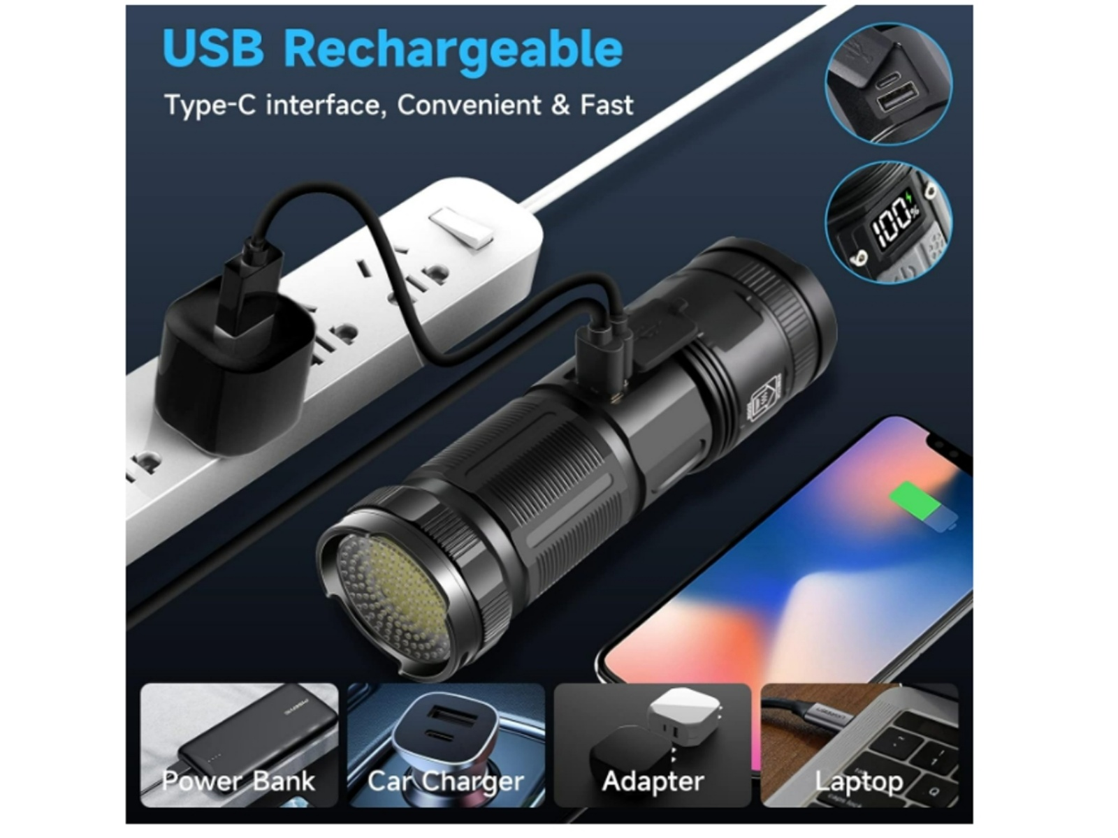 Schwarze Taschenlampe wird über USB aufgeladen; zeigt Aufladeoptionen.