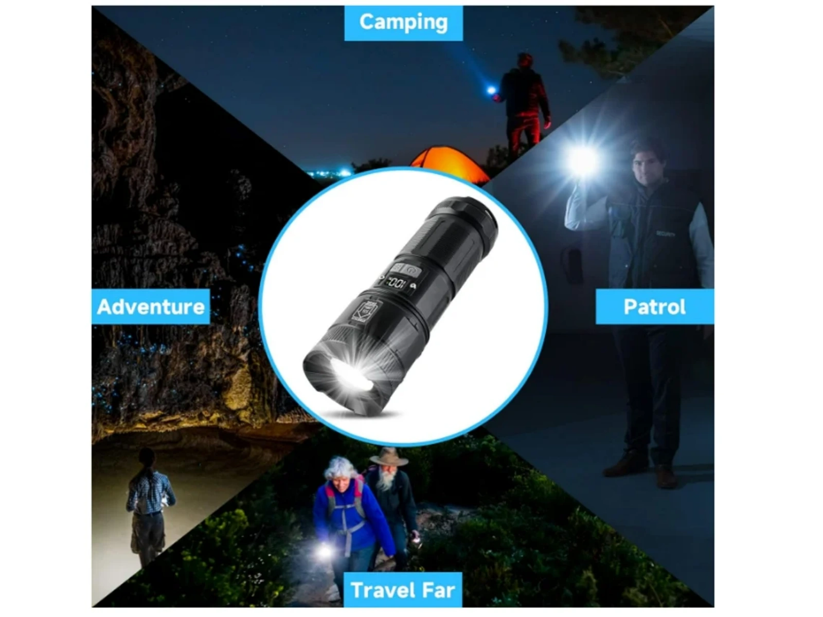 Eine Taschenlampe im Zentrum, umgeben von Szenen des Camping-, Abenteuer-, Patrouillen- und Reisegebrauchs.