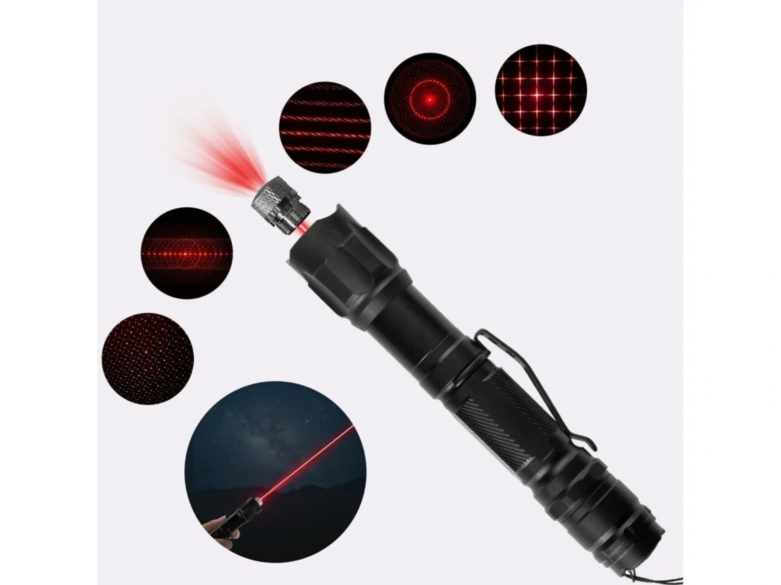Schwarzer Laserpointer mit roten Laserstrahlen und Mustern.