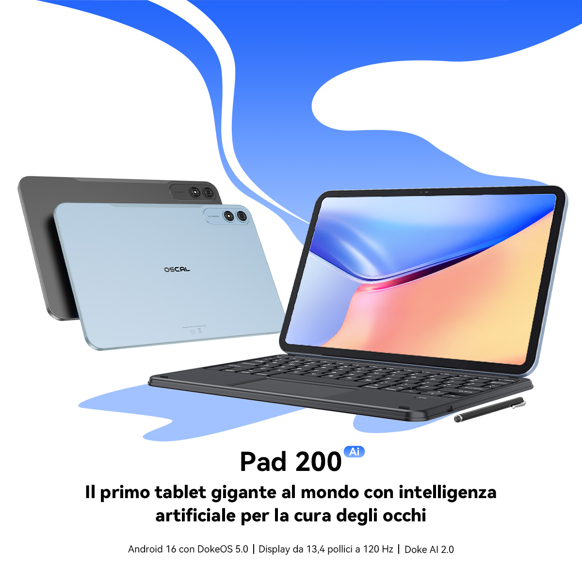 Un tablet azzurro e uno grigio sono affiancati. Un terzo tablet con tastiera è aperto.