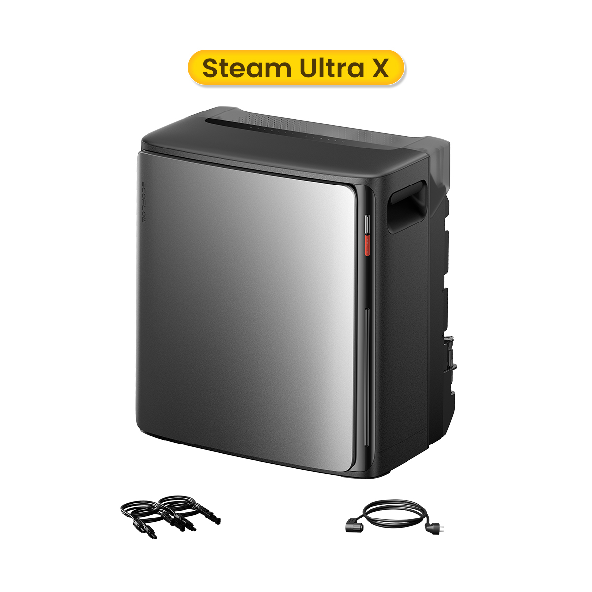 Black portable power station with silver front panel and cables nearby.