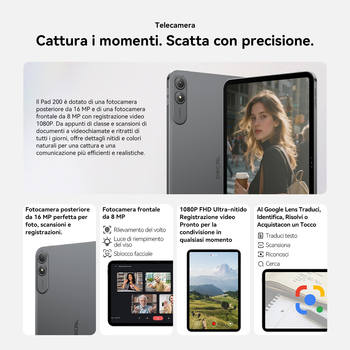 Un tablet con fotocamere e una donna che beve caffè. Dettagli di fotocamere e interfacce app.