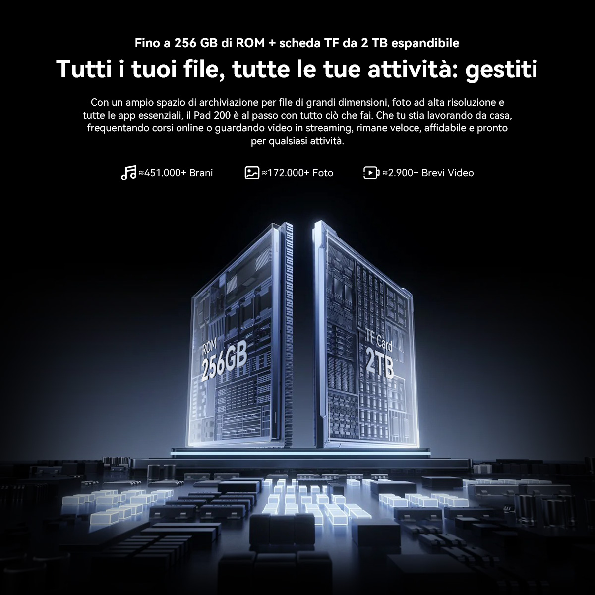 Rappresentazione astratta di chip di memoria con 256 GB di ROM e scheda TF da 2 TB.